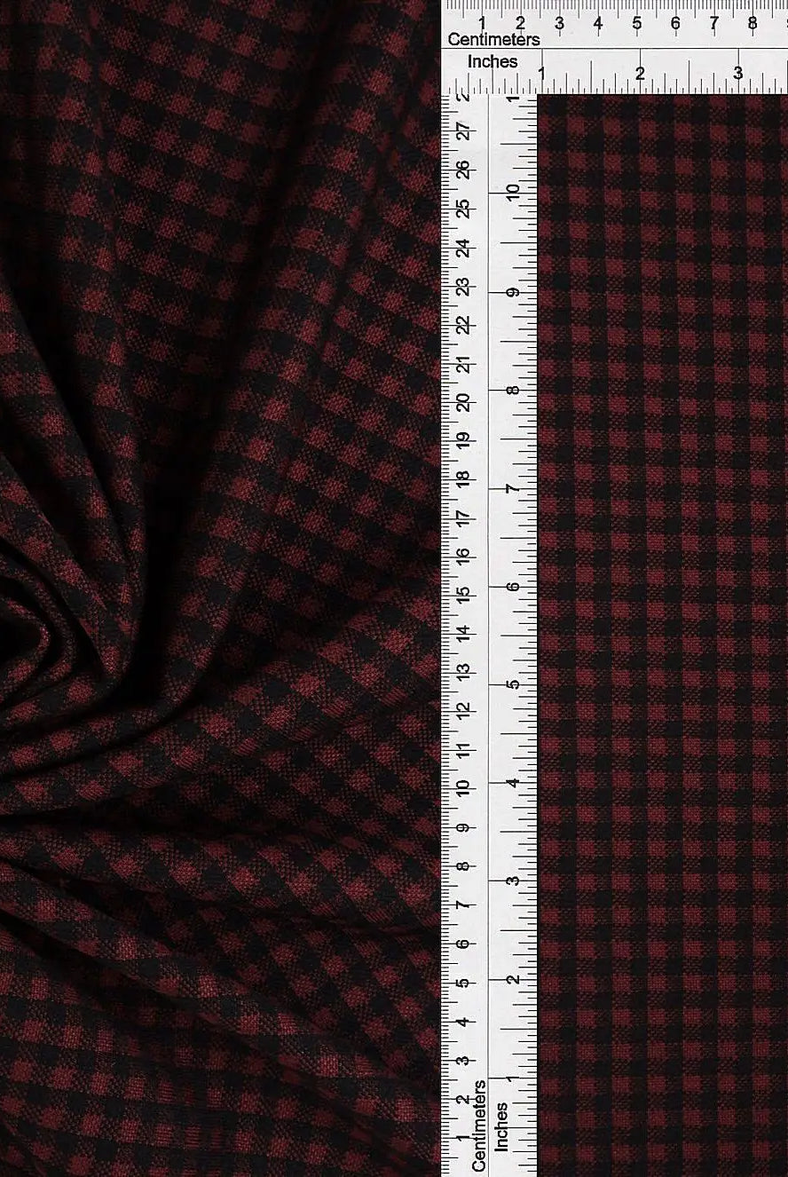 KNT4235 BURGUNDY/BLACK BLACK BOTTOMS DOUBLE KNIT DRESS OUTERWEAR PANTS PLAID POLYESTER RAYON SKIRTS SPANDEX STRETCH TOPS YARN DYED
