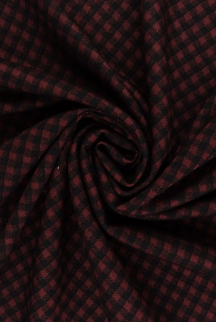 KNT4235 BURGUNDY/BLACK BLACK BOTTOMS DOUBLE KNIT DRESS OUTERWEAR PANTS PLAID POLYESTER RAYON SKIRTS SPANDEX STRETCH TOPS YARN DYED