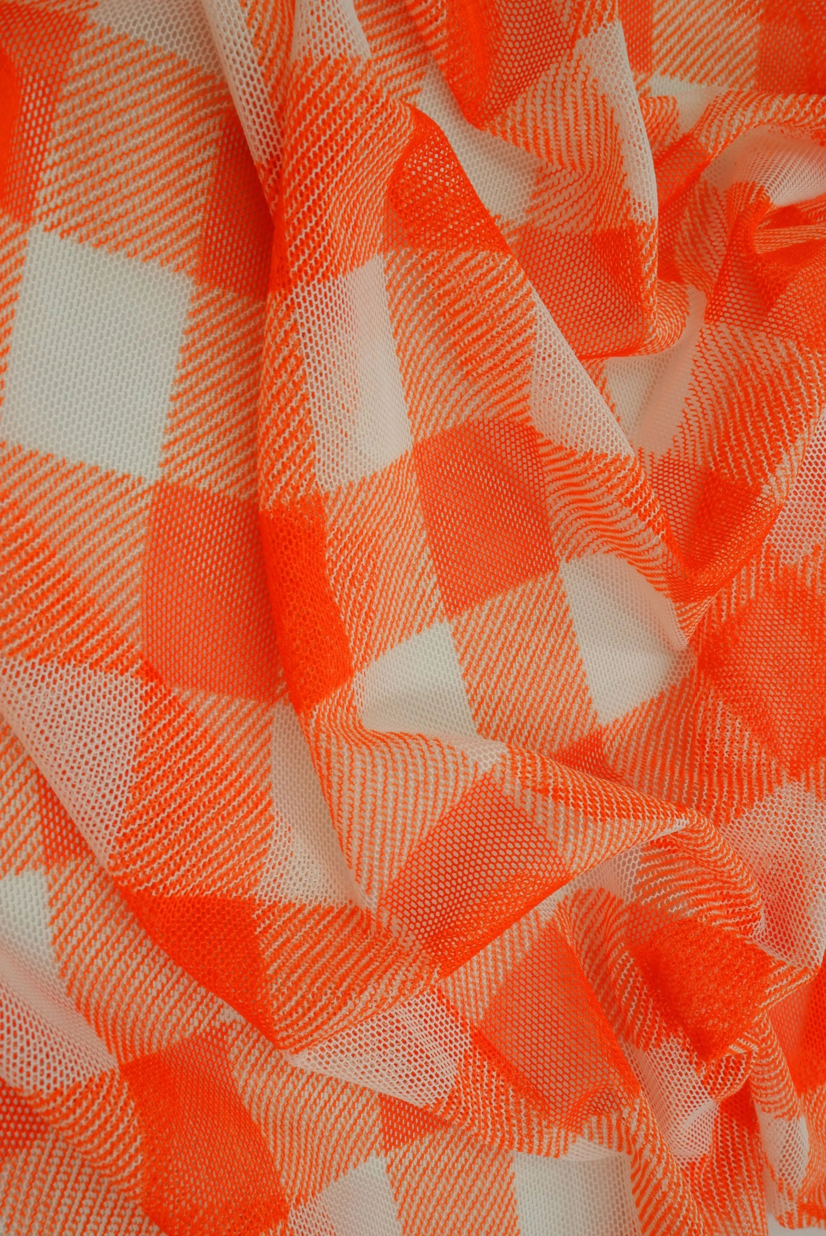 MESH-SE902140 ORANGE/WHT BLOUSE BODYSUIT CAMI CHECKERED FLOCKING GINGHAM LOUNGEWEAR MESH PLAID POLYESTER PRINT SPANDEX STRETCH TOPS TUNICS
