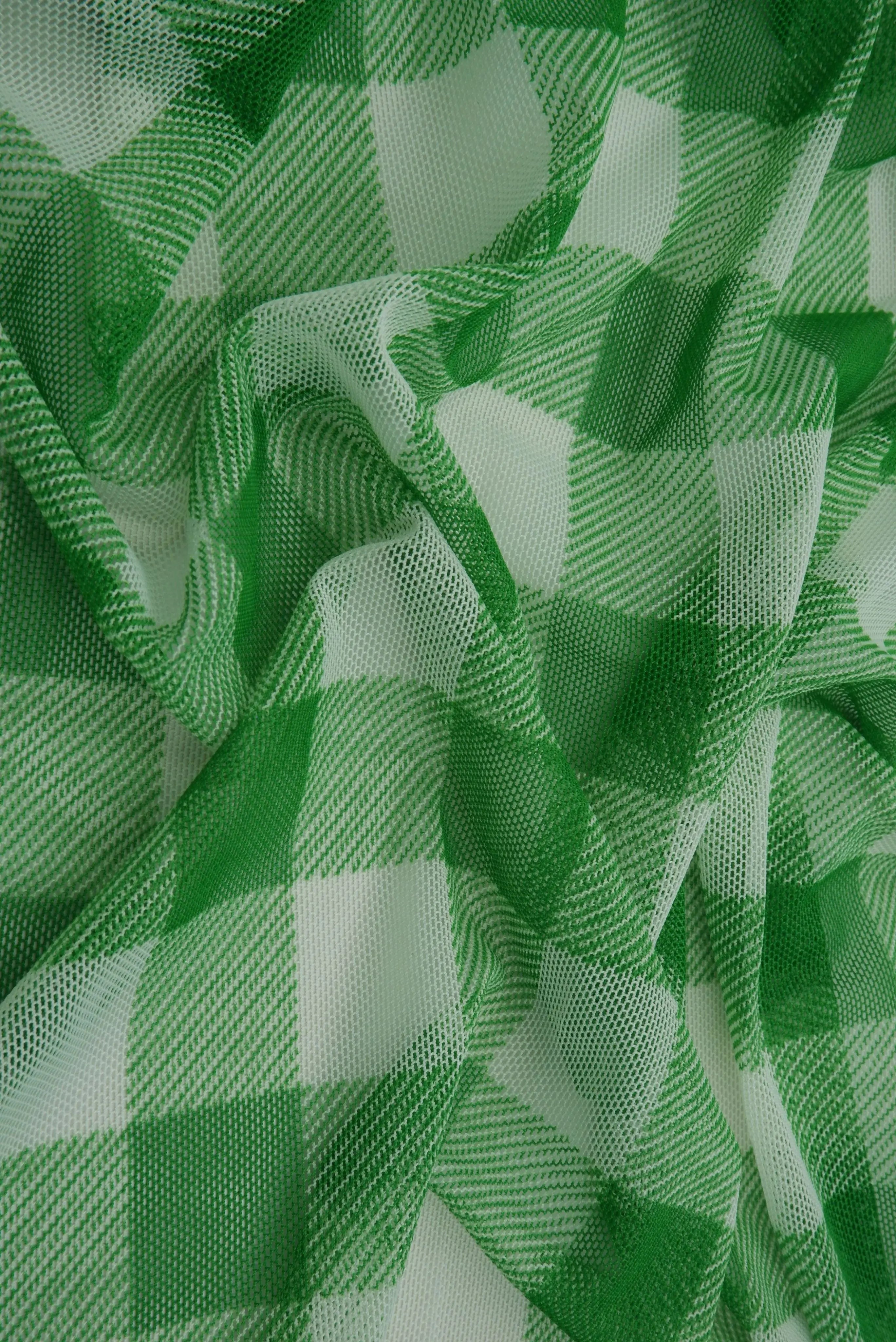 MESH-SE902140 GREEN/WHT BLOUSE BODYSUIT CAMI CHECKERED FLOCKING GINGHAM LOUNGEWEAR MESH PLAID POLYESTER PRINT SPANDEX STRETCH TOPS TUNICS