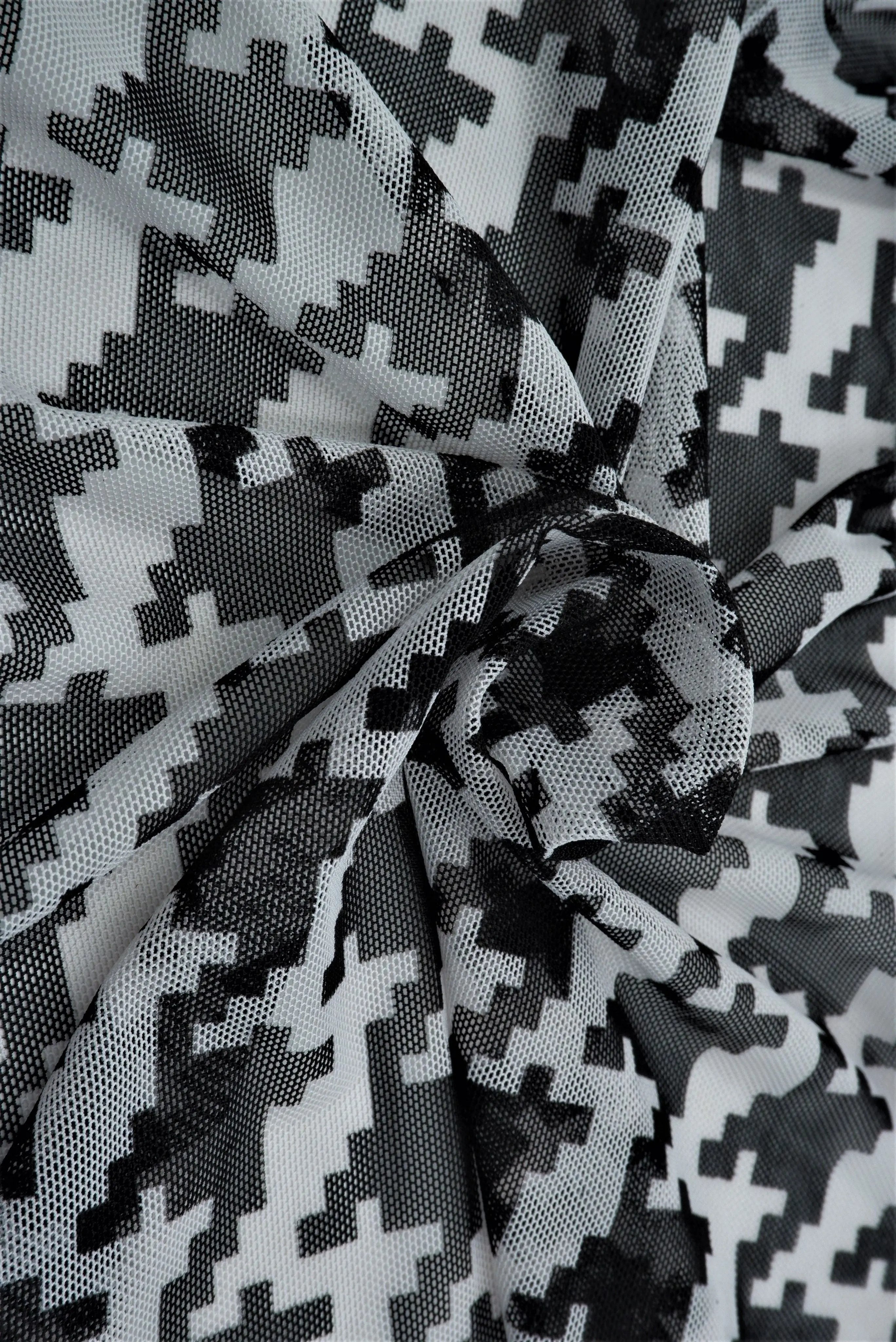 MESH-DU489 BLK/IVORY BLACK BLOUSE BODYSUIT CAMI FLOCKING HOUNDSTOOTH IVORY LOUNGEWEAR MESH POLYESTER PRINT SPANDEX STRETCH TOPS TUNICS