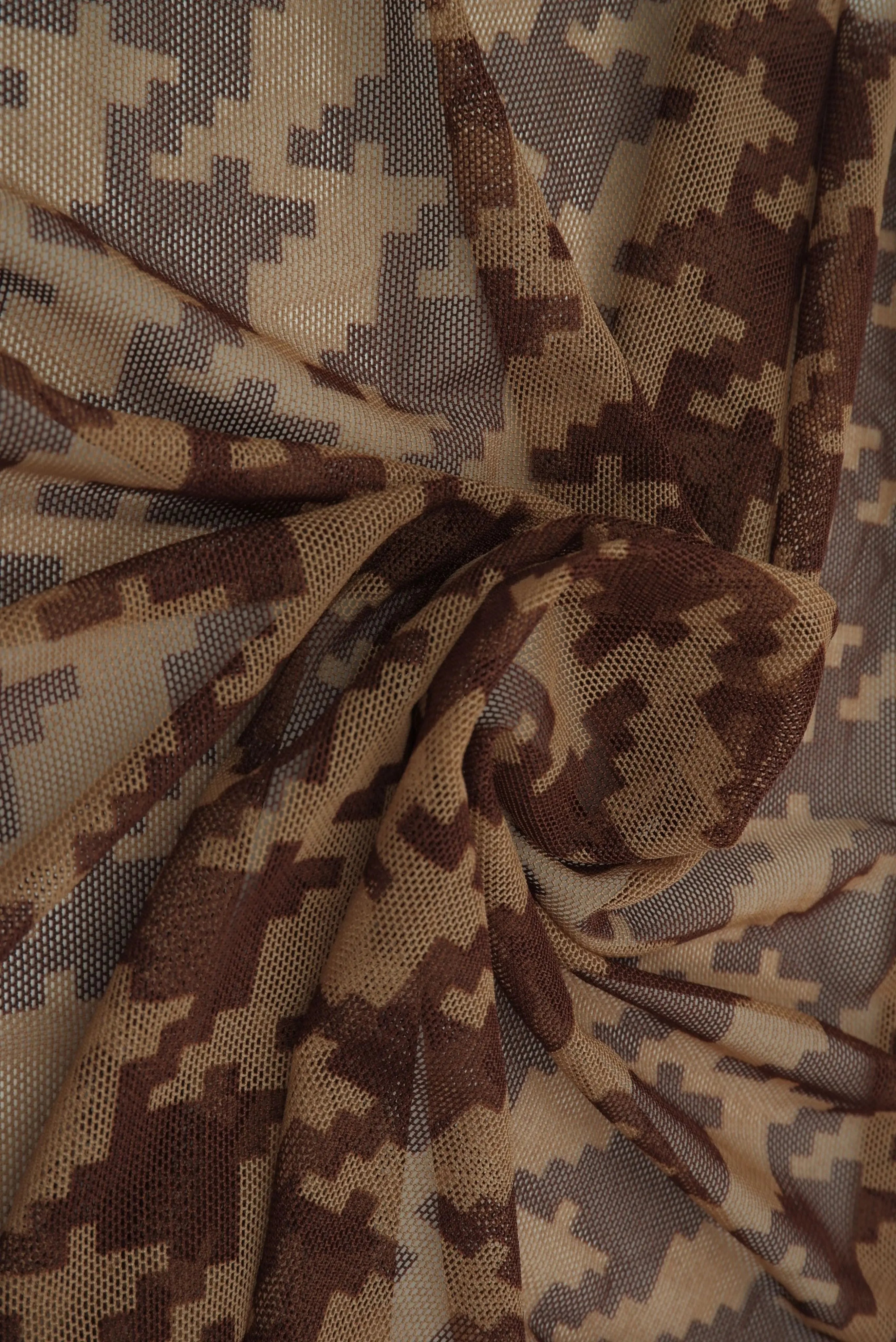 MESH-DU489 BROWN/TAUPE BLOUSE BODYSUIT BROWN CAMI FLOCKING HOUNDSTOOTH LOUNGEWEAR MESH POLYESTER PRINT SPANDEX STRETCH TOPS TUNICS