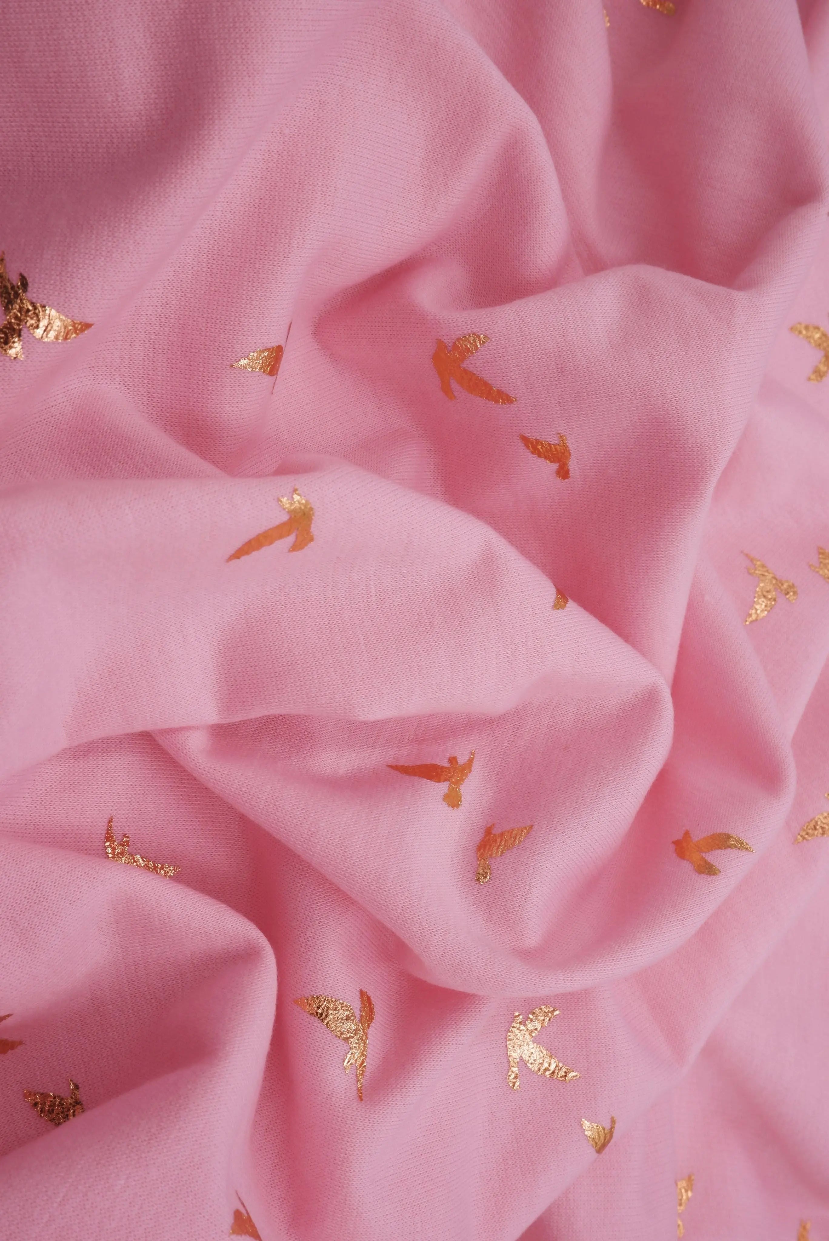 KNT3865-MS10121 PINK LT/GOLD FOIL BIRD BODYSUIT BOTTOMS CAMI DRESS FOIL FRENCH TERRY KNIT LOUNGEWEAR PANTS POLYESTER PRINT RAYON SKIRTS SPANDEX STRETCH SWEATER TOPS TUNICS