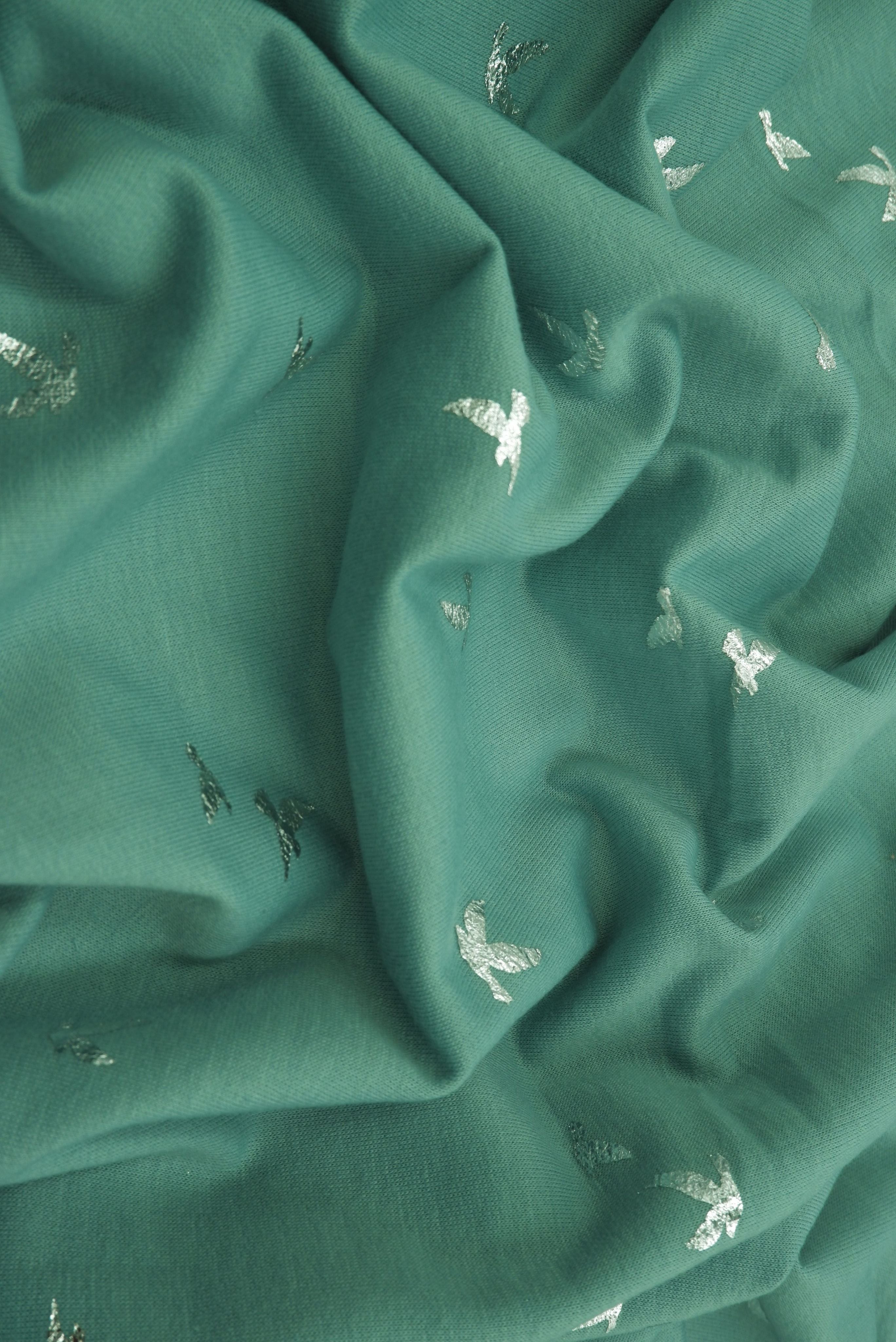 KNT3865-MS10121 SAGE DK/SILVER FOIL BIRD BODYSUIT BOTTOMS CAMI DRESS FOIL FRENCH TERRY KNIT LOUNGEWEAR PANTS POLYESTER PRINT RAYON SKIRTS SPANDEX STRETCH SWEATER TOPS TUNICS