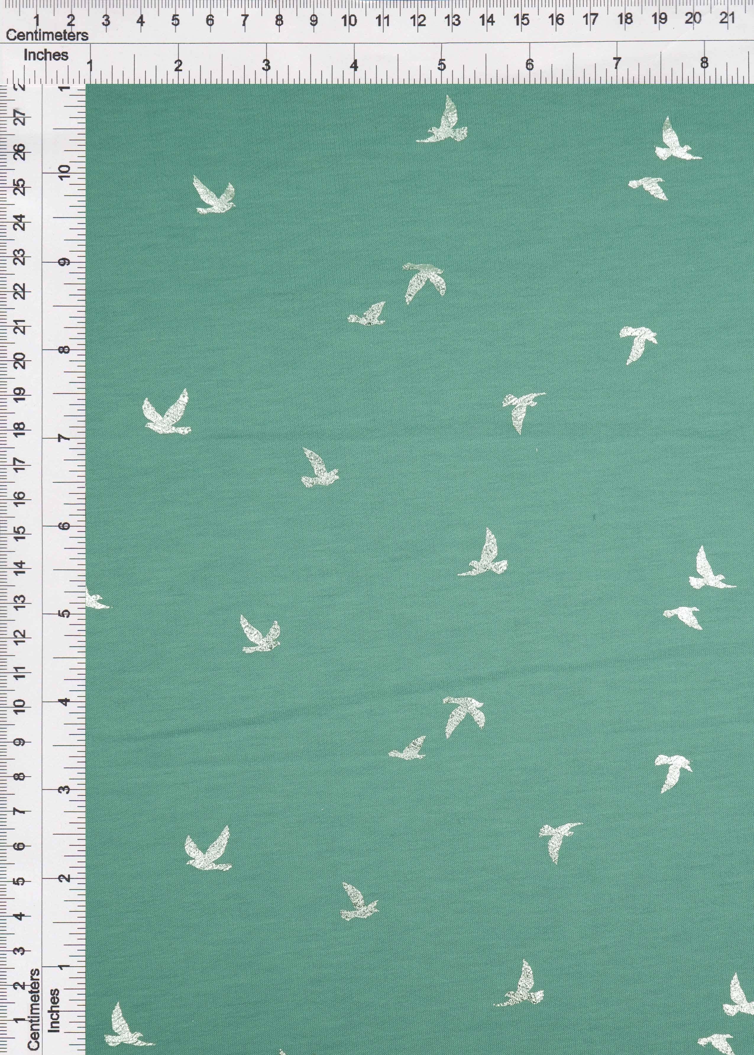 KNT3865-MS10121 SAGE DK/SILVER FOIL BIRD BODYSUIT BOTTOMS CAMI DRESS FOIL FRENCH TERRY KNIT LOUNGEWEAR PANTS POLYESTER PRINT RAYON SKIRTS SPANDEX STRETCH SWEATER TOPS TUNICS