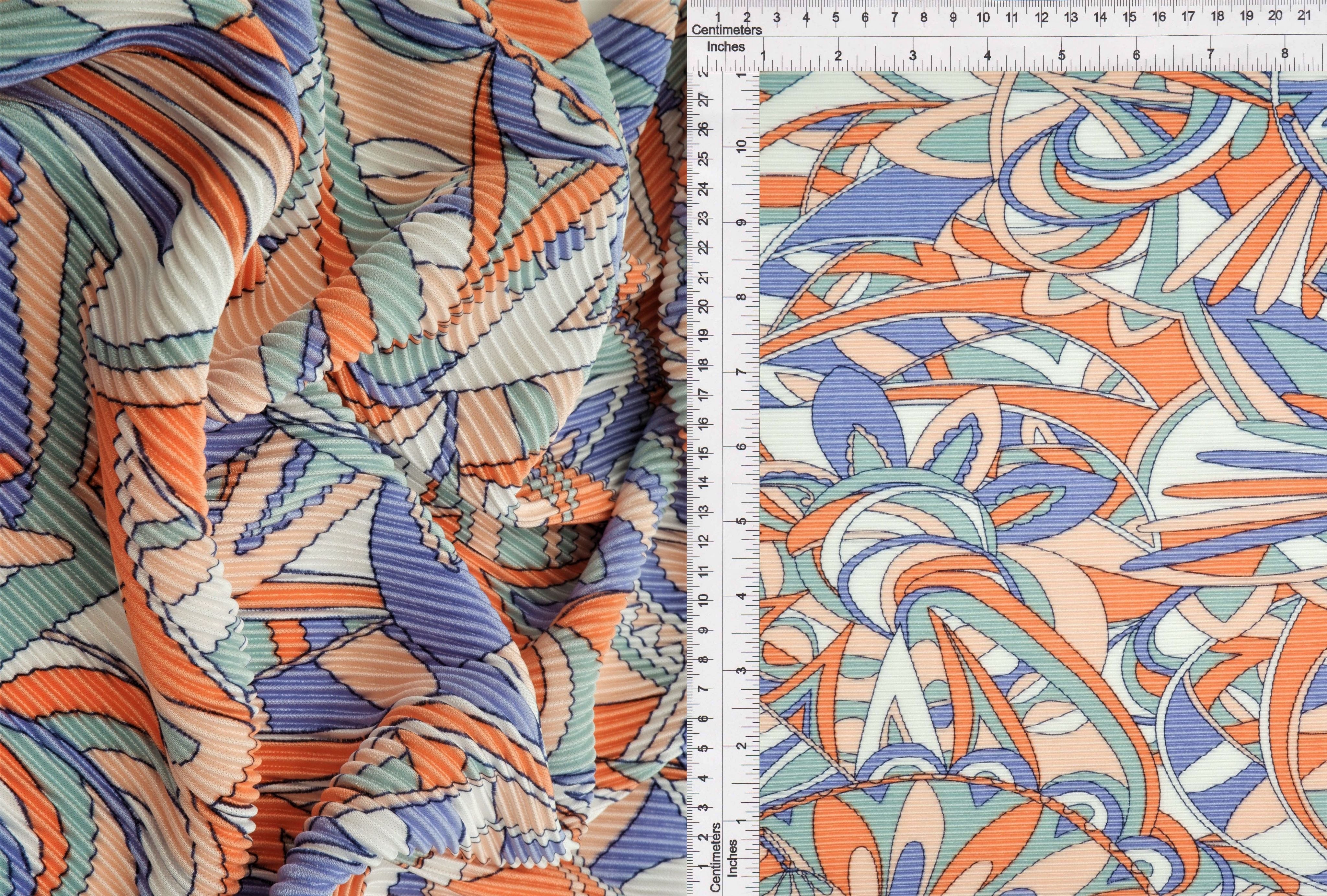 KNT3696-MS11052 ORANGE MULTI BLOUSE BODRE BODYSUIT BOTTOMS DRESS GEOMETRIC INTERLOCK KNIT PANTS PLEATED POLYESTER PRINT SKIRTS STRETCH TOPS