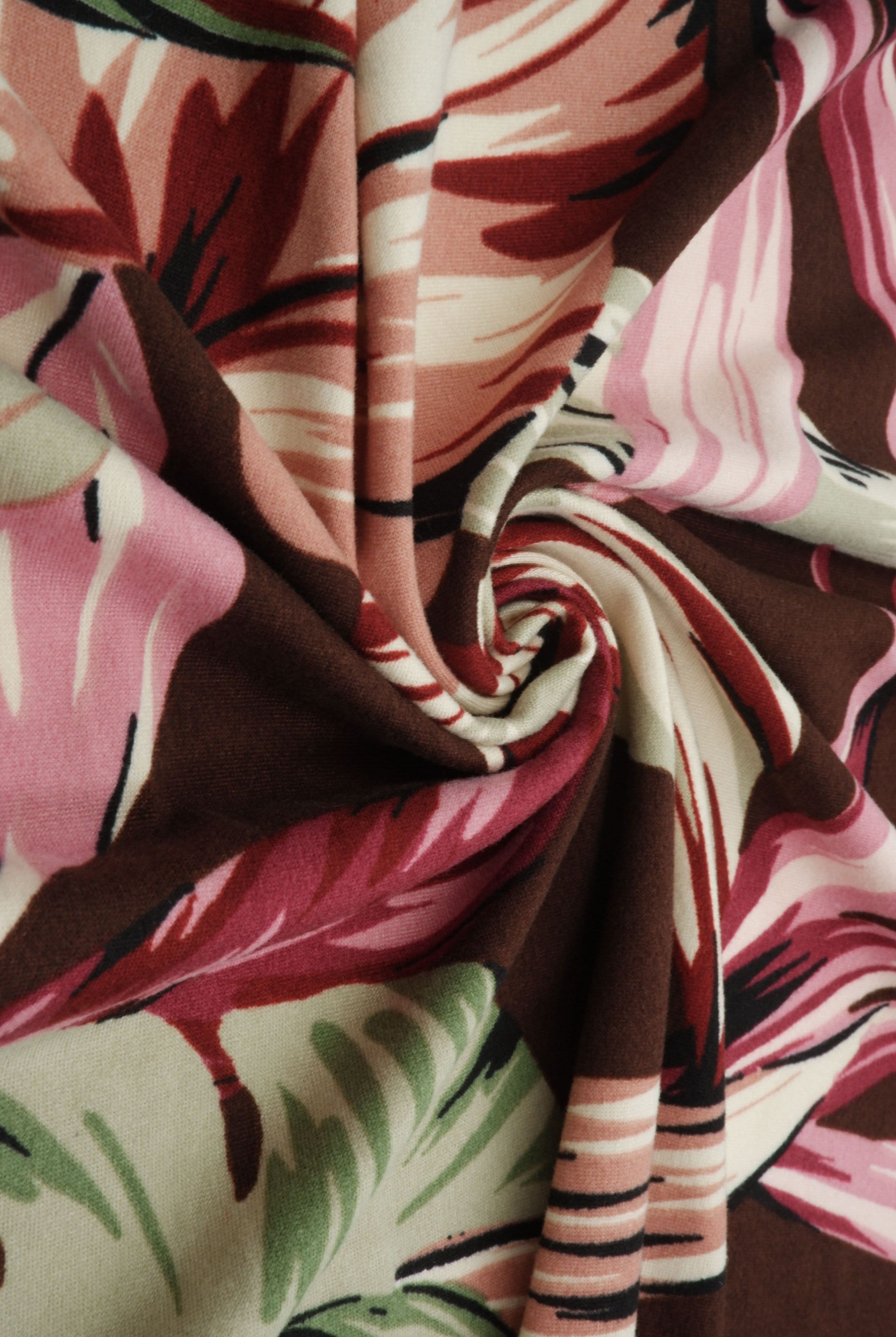 KNT2100-Q20503 BROWN BIKER SHORTS BODYSUIT BOTTOMS CAMI DRESS DTY BRUSHED KNIT LEAF POLYESTER PRINT SKIRTS SPANDEX STRETCH T-SHIRT TOPS