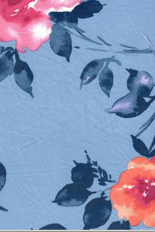 KNT2100-Q10111 CHAMBRAY BIKER SHORTS BLOUSE BLUE BOTTOMS DTY BRUSHED FLORAL KNIT POLYESTER PRINT SPANDEX STRETCH TOPS