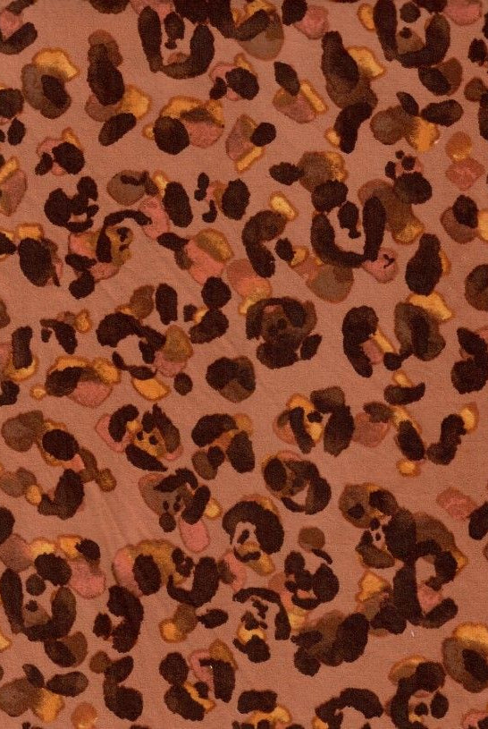 KNT2100-MS10425 RUST/BROWN ANIMAL BIKER SHORTS BLOUSE BOTTOMS BROWN DTY BRUSHED KNIT LEOPARD POLYESTER PRINT RUST SPANDEX STRETCH