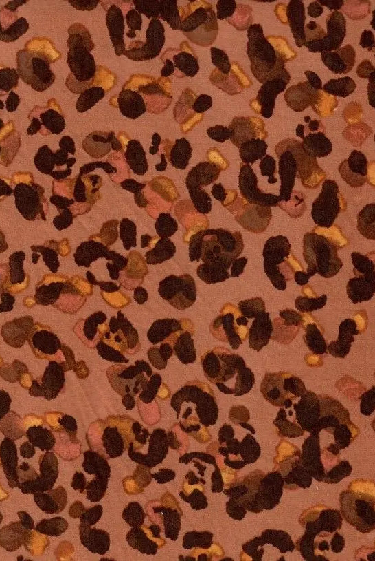 KNT2100-MS10425 RUST/BROWN ANIMAL BIKER SHORTS BLOUSE BOTTOMS BROWN DTY BRUSHED KNIT LEOPARD POLYESTER PRINT RUST SPANDEX STRETCH