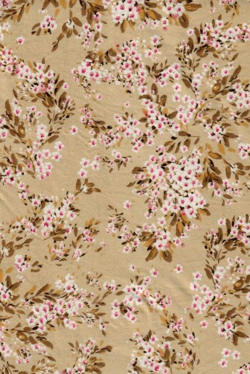KNT2100-MS11201 SAND BLOUSE BODYSUIT BOTTOMS DRESS DTY BRUSHED FLORAL FLOWER KNIT POLYESTER PRINT SPANDEX STRETCH