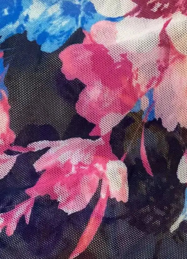 MESH-MS11278 NAVY BLOUSE BODYSUIT CAMI DIGITAL PRINT FLOCKING FLORAL FLOWER LOUNGEWEAR MESH POLYESTER SPANDEX STRETCH TOPS TUNICS