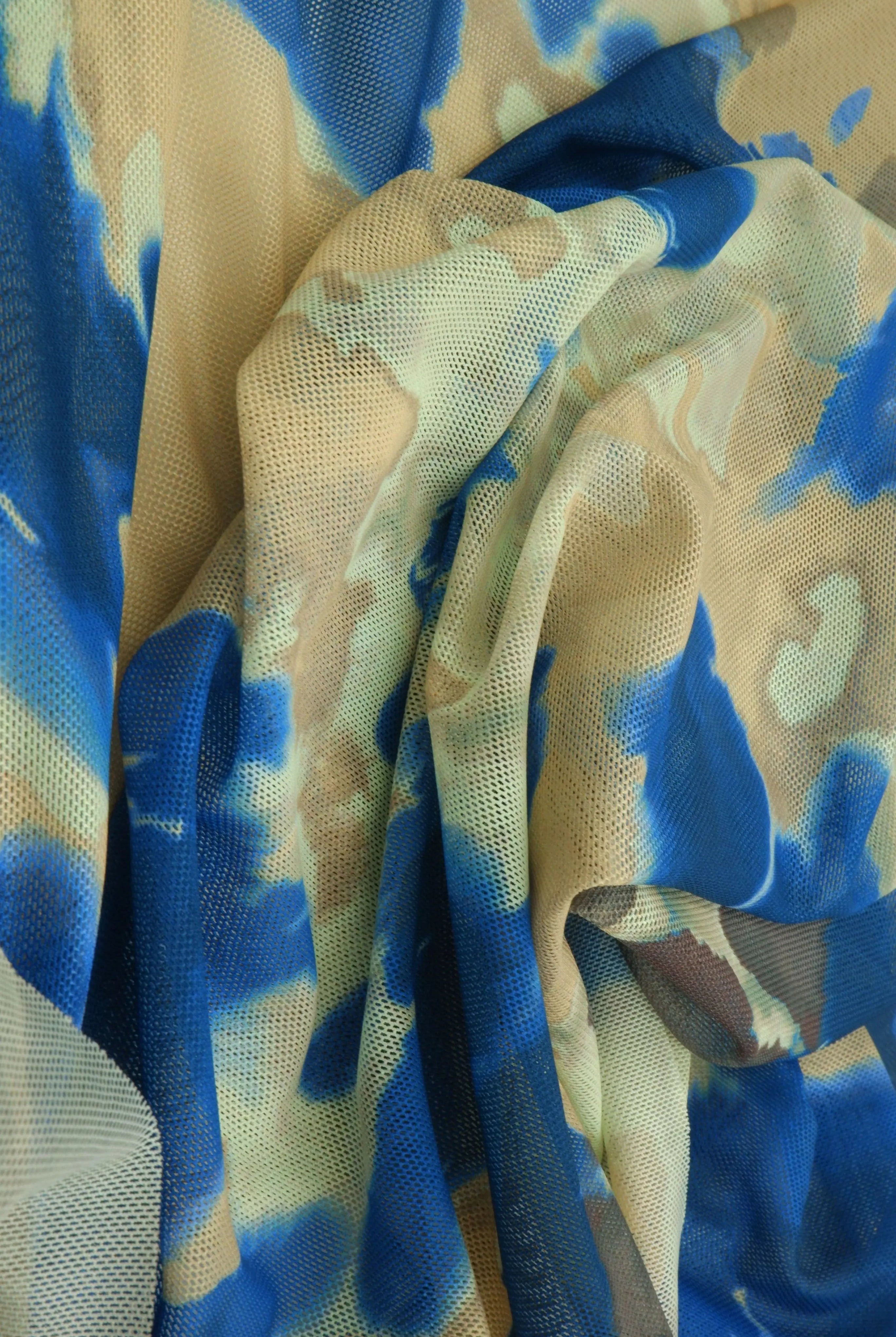 MESH-MS11308D INDIGO ABSTRACT BLOUSE BLUE BODYSUIT CAMI DIGITAL PRINT FLOCKING LOUNGEWEAR MESH POLYESTER SPANDEX STRETCH TOPS TUNICS