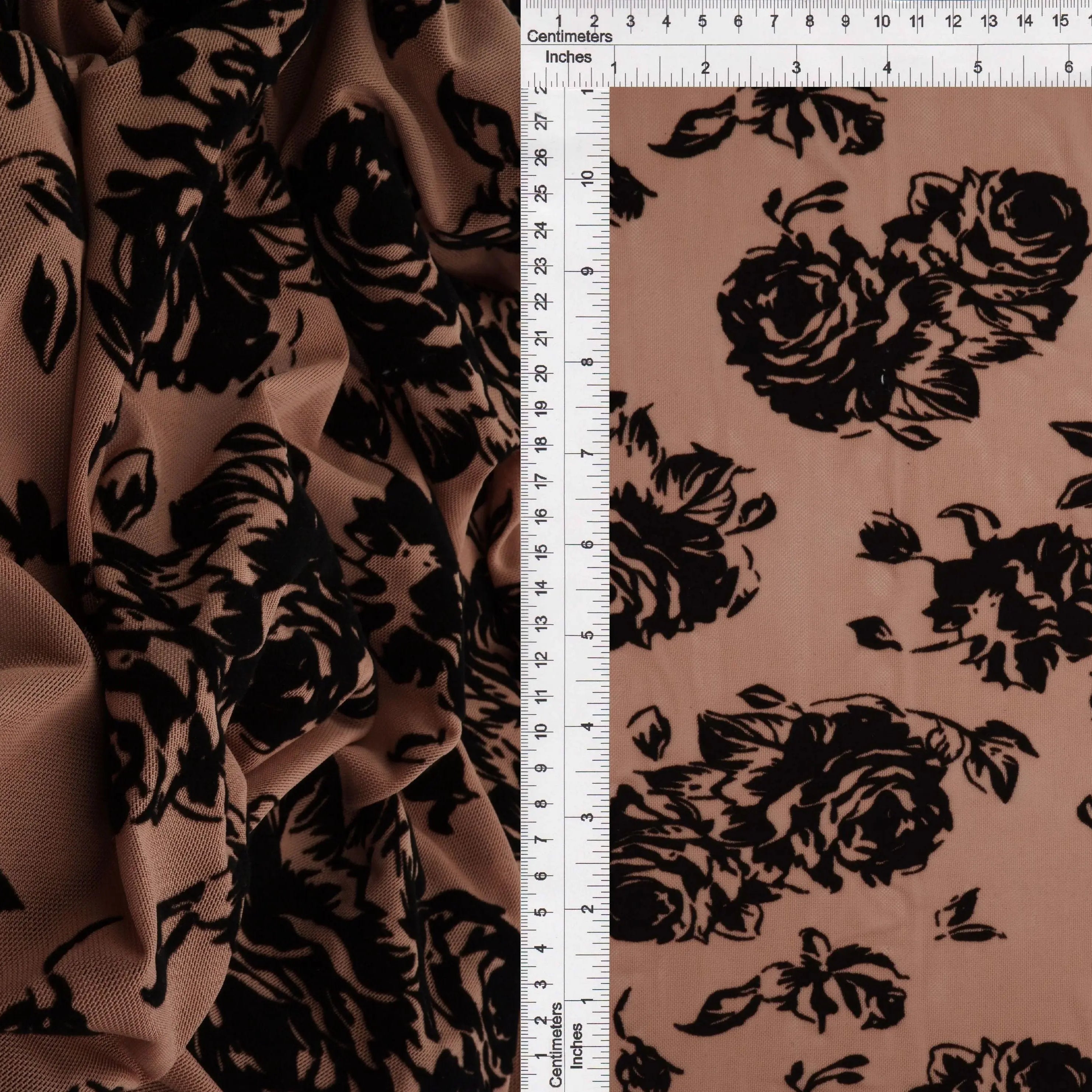 FLOCK-S70420 MOCHA BLACK BOTTOMS CAMI DRESS FLOCKING FLORAL KNIT MESH POLYESTER PRINT SKIRTS SPANDEX STRETCH TOPS