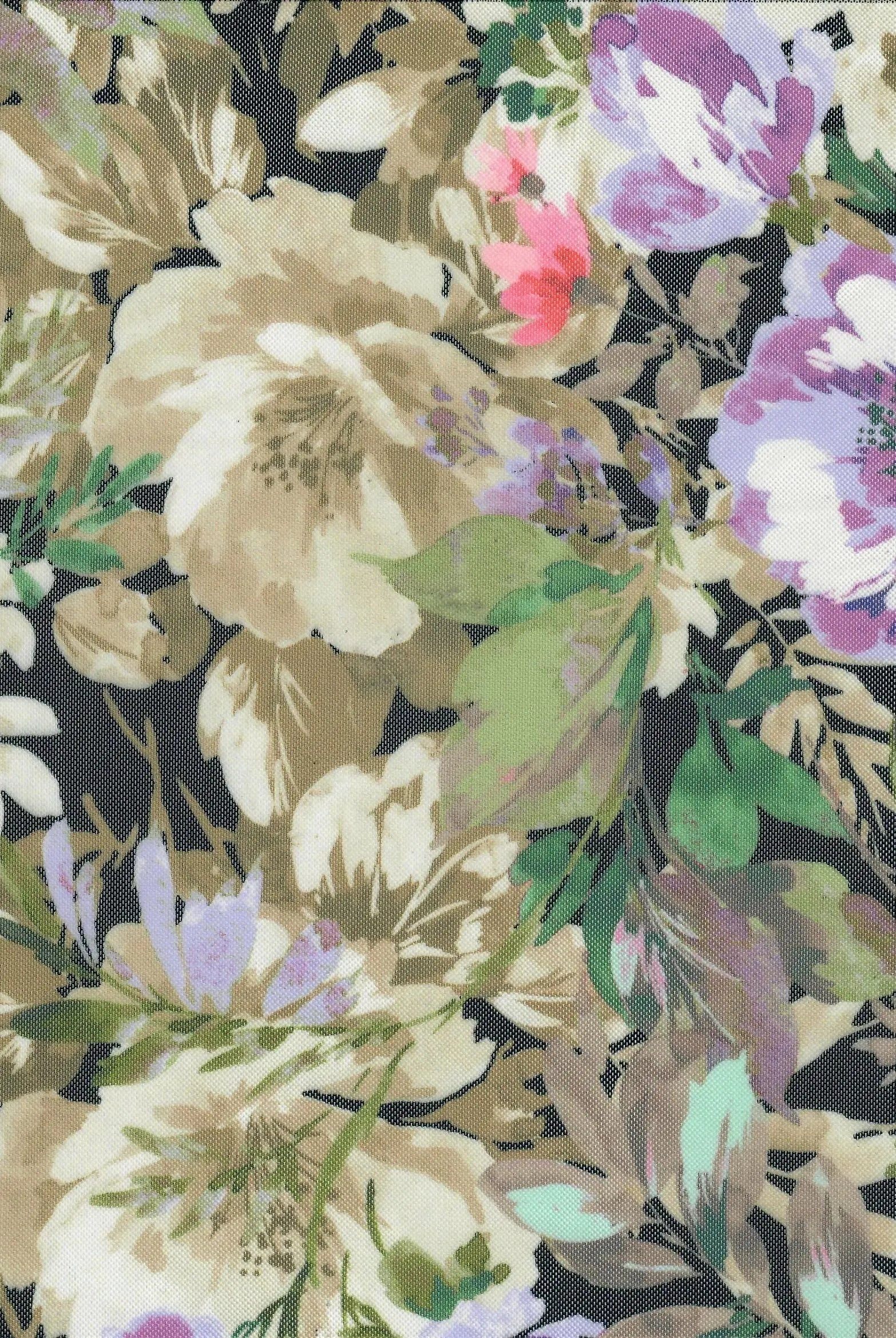 MESH-MS11301D BLACK BLOUSE BODYSUIT CAMI DIGITAL PRINT FLOCKING FLORAL LOUNGEWEAR MESH POLYESTER SPANDEX STRETCH TOPS TUNICS