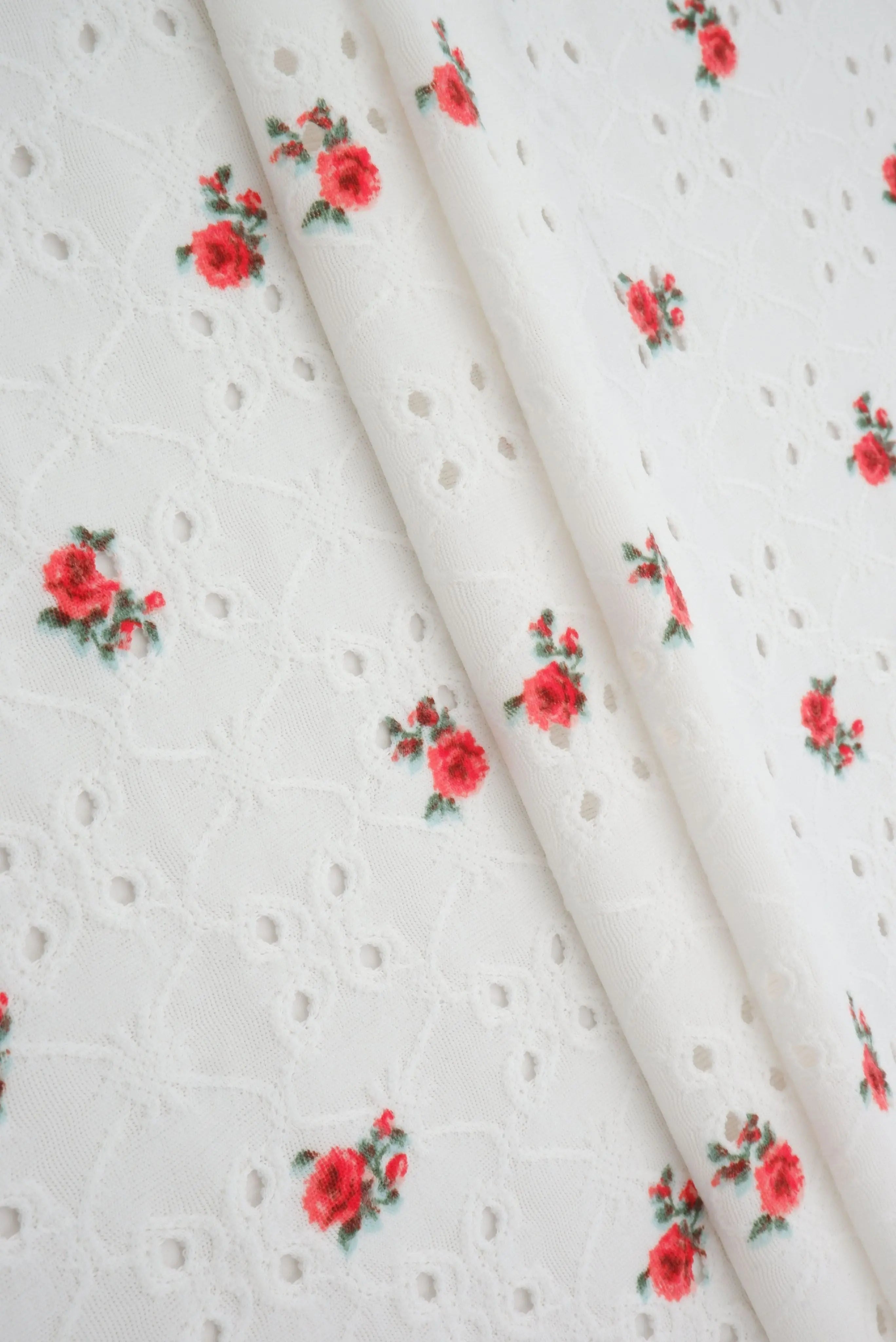 KNT4187-Q00205 IVORY/CORAL RED BLOUSE BODYSUIT CAMI DITSY DRESS DTY EYELET JACQUARD KNIT POLYESTER PRINT SKIRTS SPANDEX STRETCH TOPS
