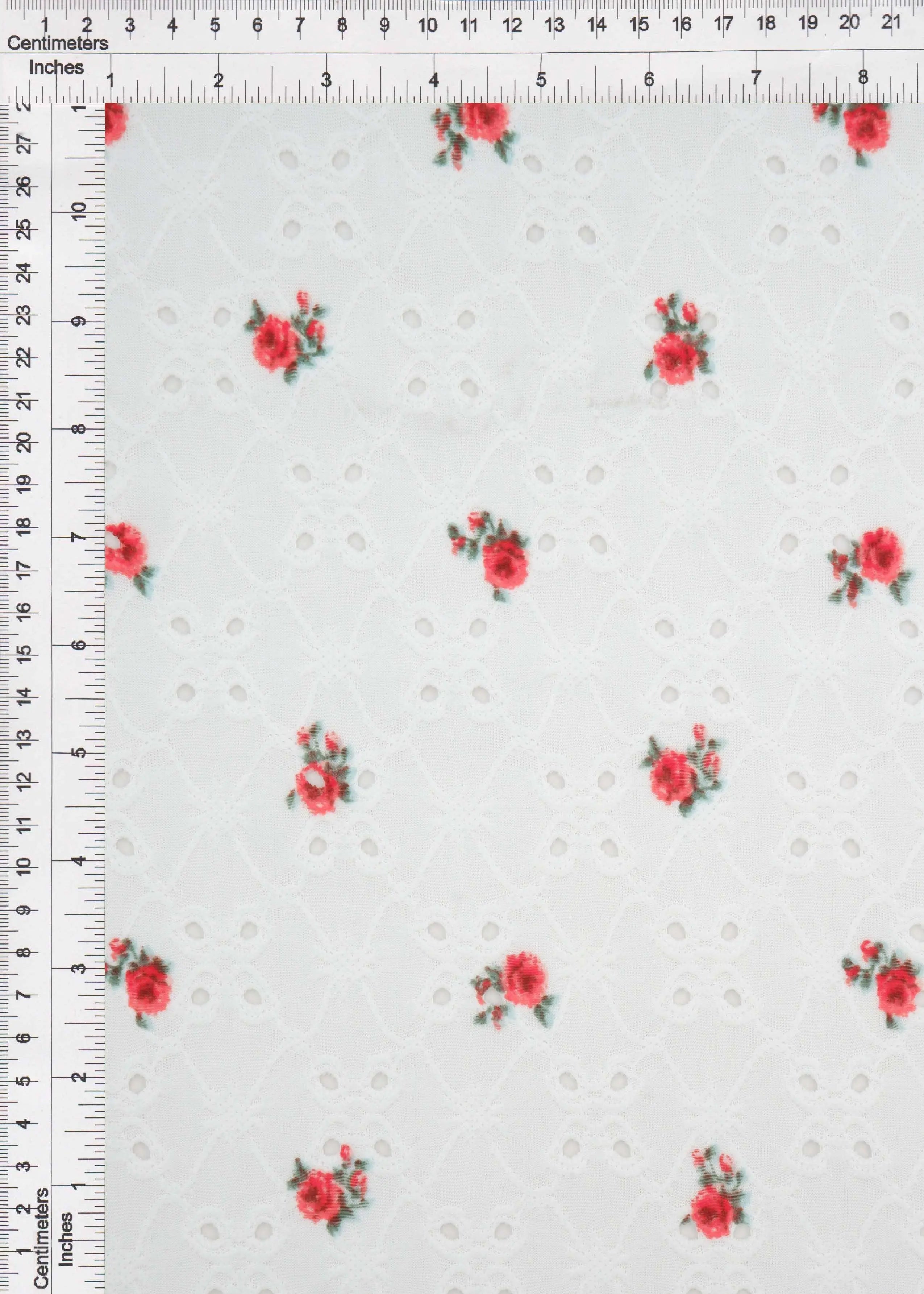 KNT4187-Q00205 IVORY/CORAL RED BLOUSE BODYSUIT CAMI DITSY DRESS DTY EYELET JACQUARD KNIT POLYESTER PRINT SKIRTS SPANDEX STRETCH TOPS