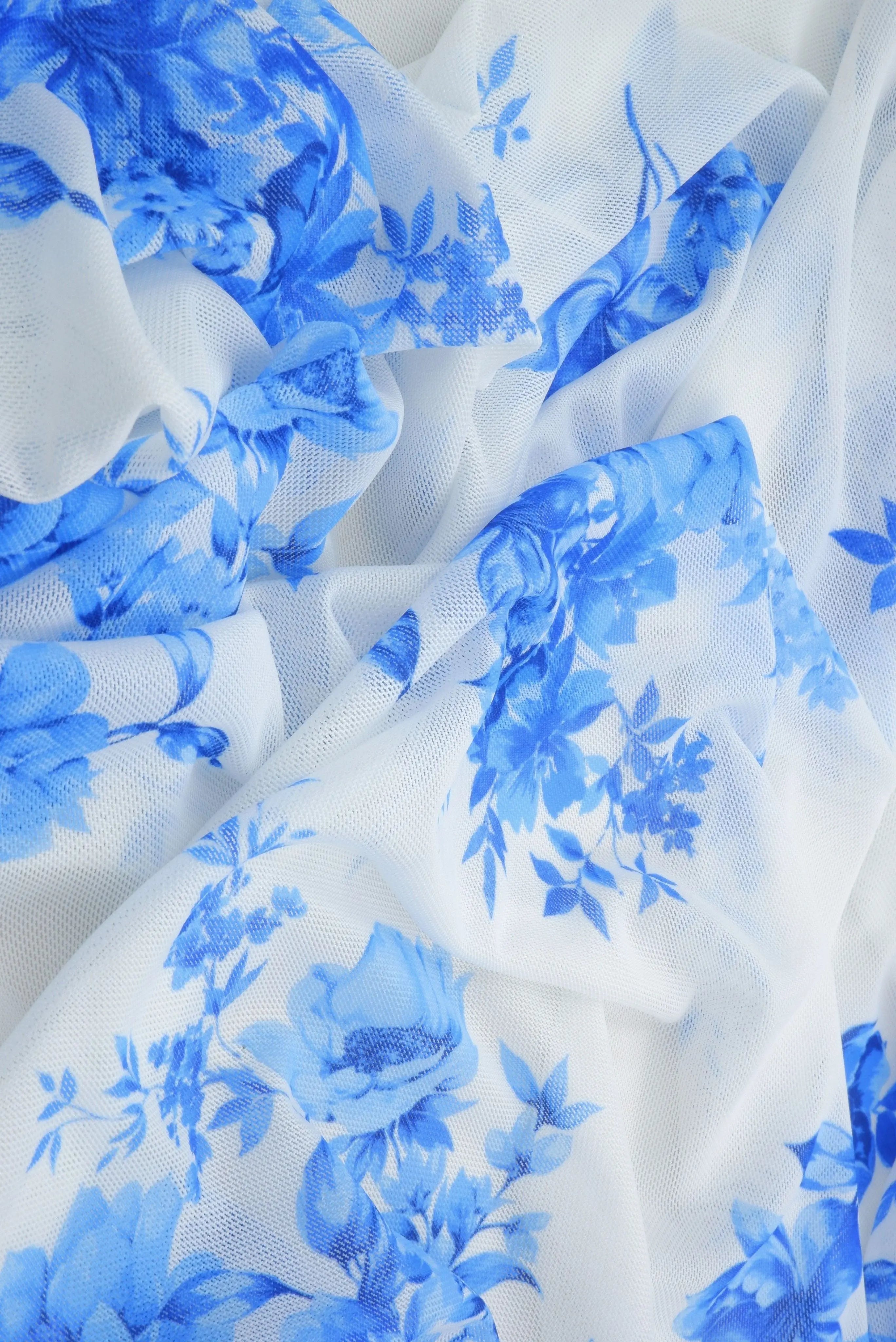 MESH-MS11422 IVORY/BLUE BLOUSE DIGITAL PRINT DRESS FLOCKING FLORAL FLOWER LOUNGEWEAR MESH POLYESTER SPANDEX STRETCH TOPS