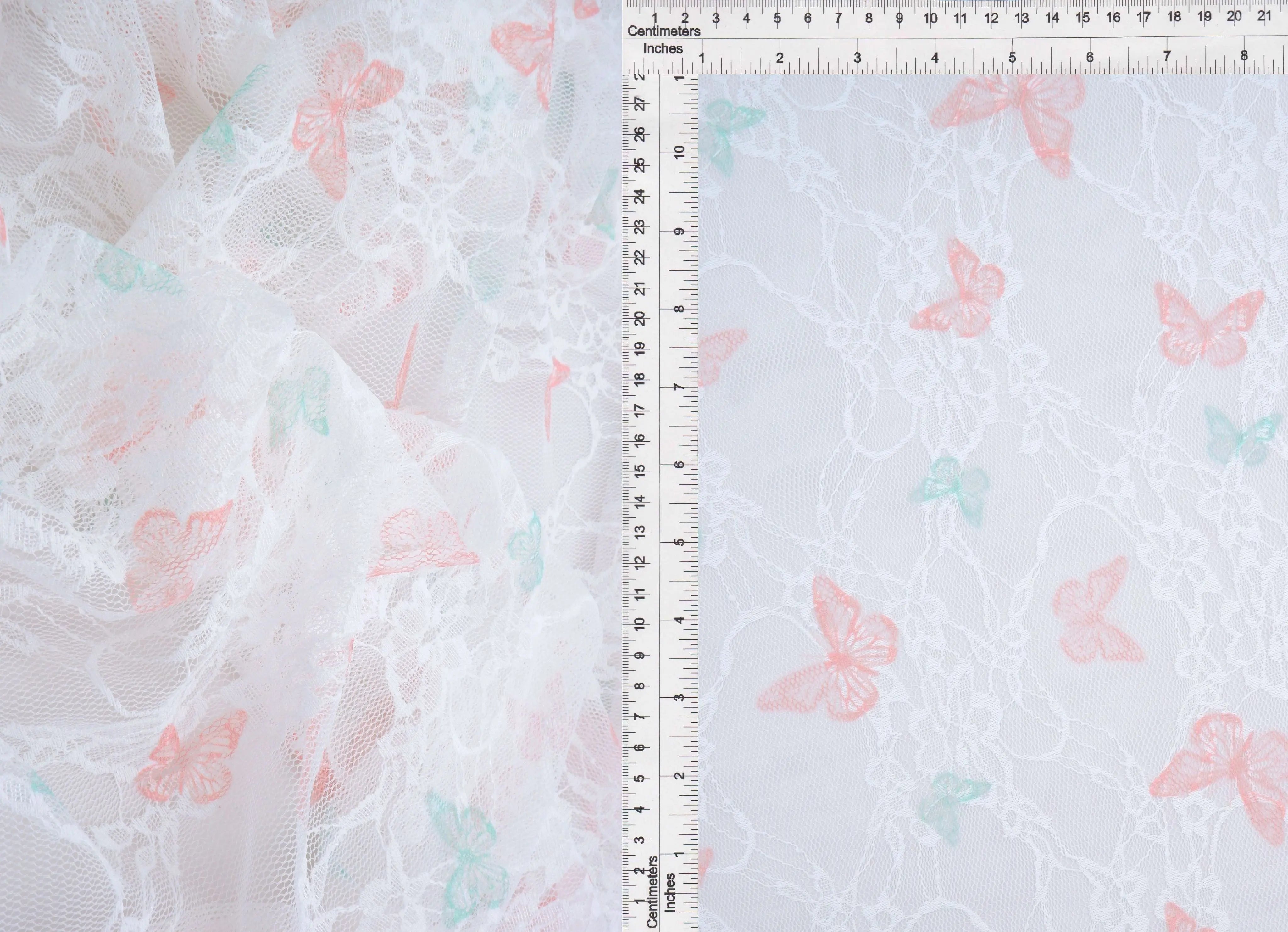 LACE1483-M11481 IVORY/PEACH BLOUSE BOTTOMS BUTTERFLY DIGITAL PRINT DRESS LACE PANTS POLYESTER SKIRTS SPANDEX TOPS