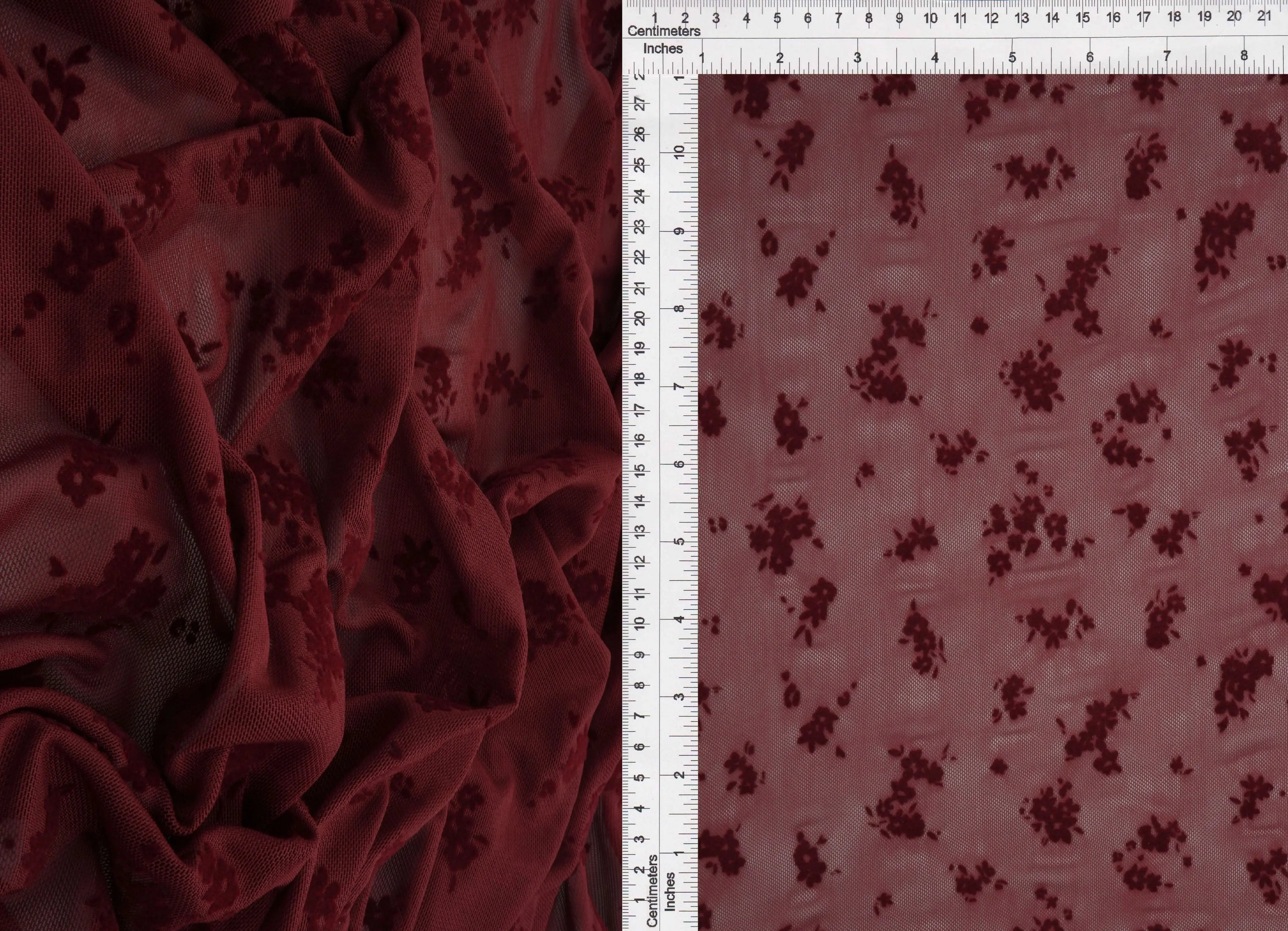 FLOCK-MS11282 BURGUNDY BLOUSE BOTTOMS CAMI DRESS FLOCKING FLORAL MESH POLYESTER SKIRTS SOLID SPANDEX STRETCH TOPS