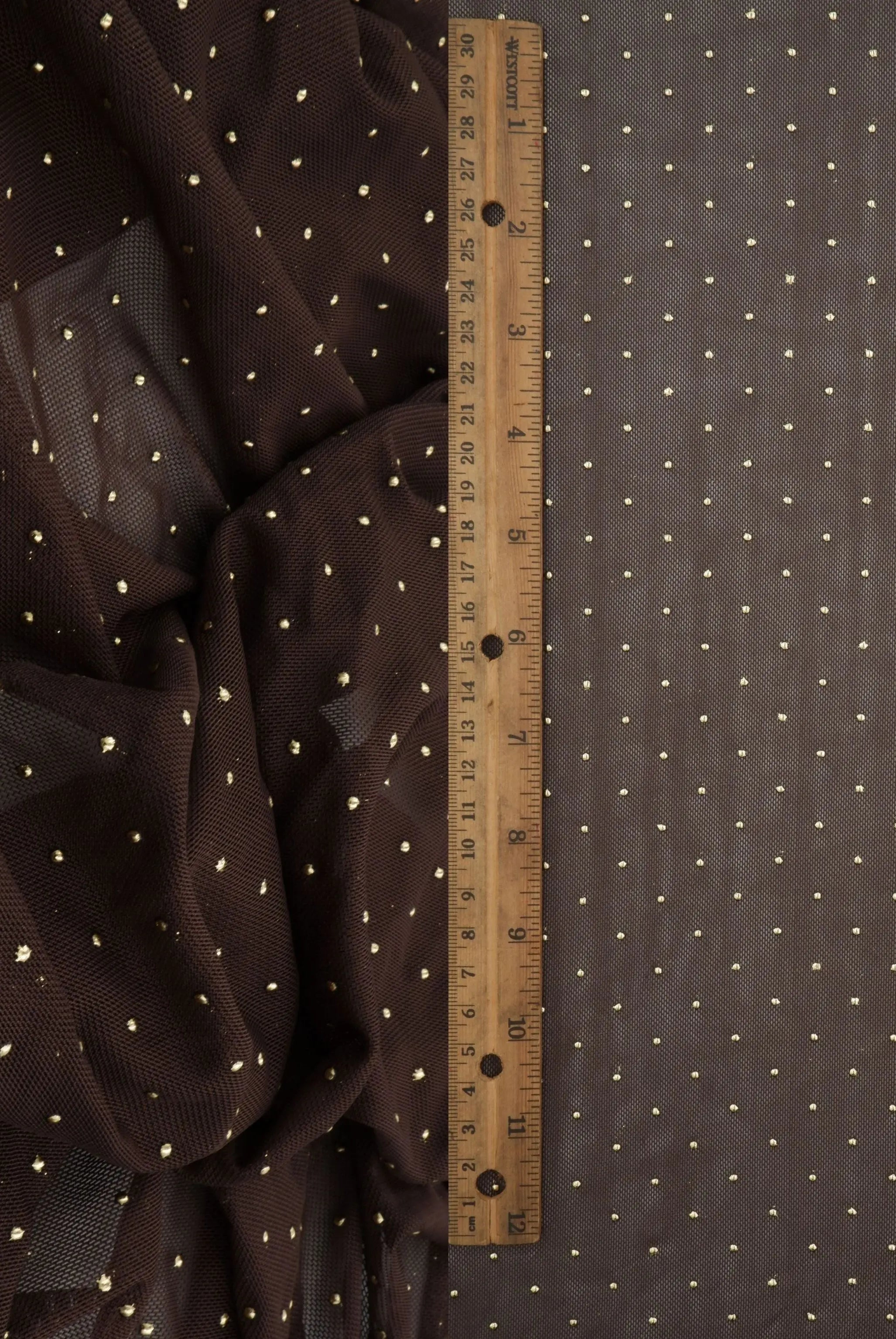 MESH-4600 BROWN/GOLD BLOUSE BODYSUIT CAMI DOT FLOCKING FOIL LOUNGEWEAR LUREX MESH NO-PRINT POLYESTER SPANDEX STRETCH TOPS TUNICS