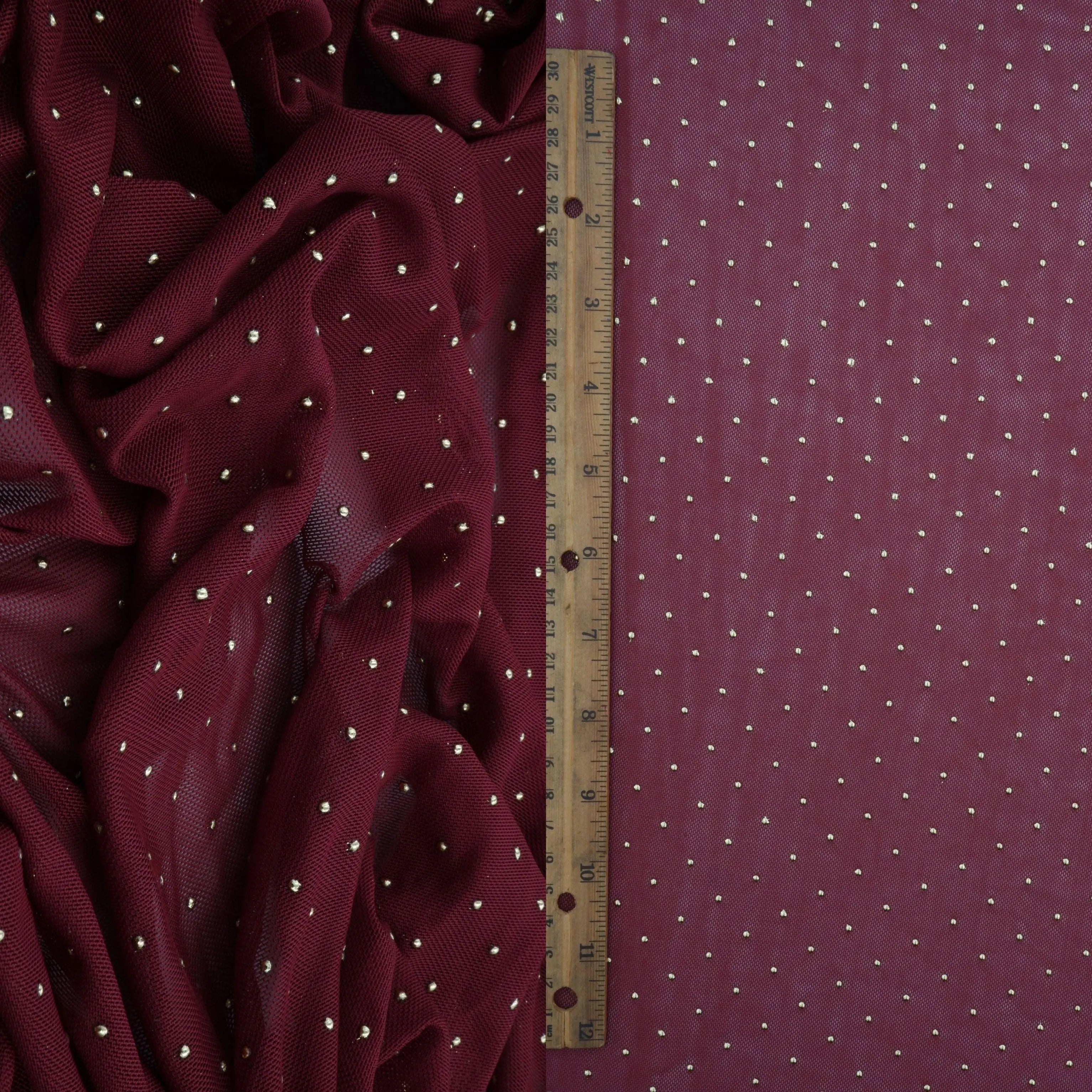 MESH-4600 BURGUNDY/COPPER BLOUSE BODYSUIT CAMI DOT FLOCKING FOIL LOUNGEWEAR LUREX MESH NO-PRINT POLYESTER SPANDEX STRETCH TOPS TUNICS