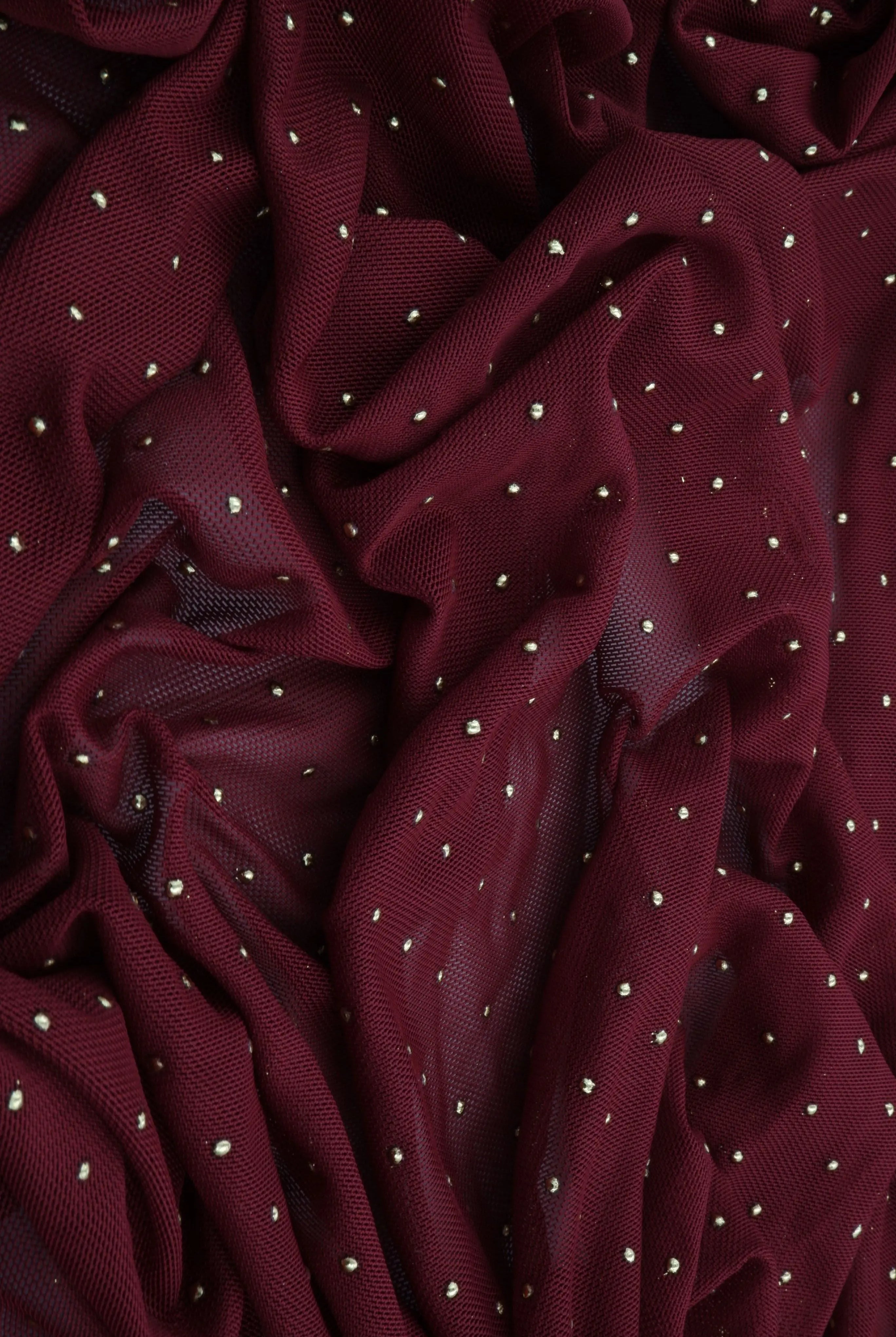 MESH-4600 BURGUNDY/COPPER BLOUSE BODYSUIT CAMI DOT FLOCKING FOIL LOUNGEWEAR LUREX MESH NO-PRINT POLYESTER SPANDEX STRETCH TOPS TUNICS