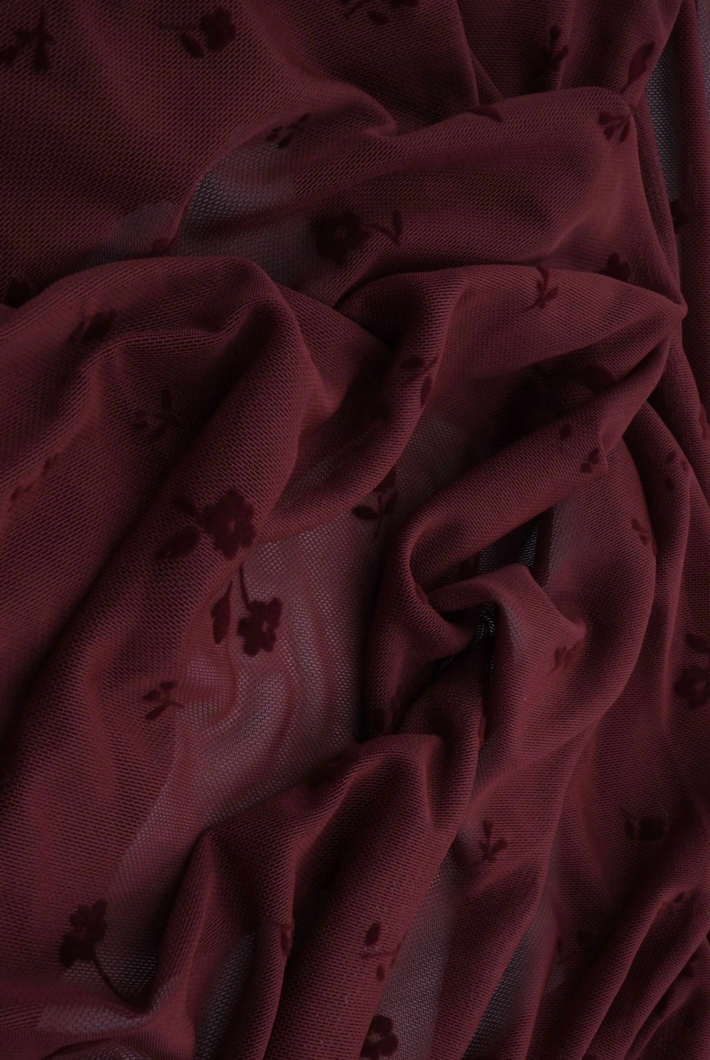 FLOCK-MS11279 BURGUNDY BLOUSE CAMI FLOCKING FLORAL LOUNGEWEAR MESH POLYESTER SKIRTS SOLID SPANDEX STRETCH TOPS