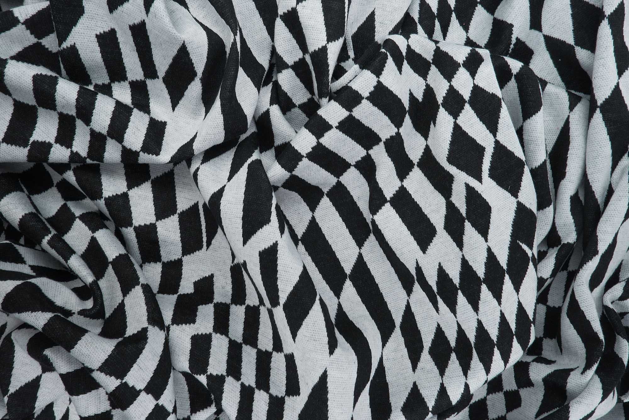 KNT4438 BLACK CHECKERED DOUBLE KNIT DRESS JACQUARD OUTERWEAR PANTS POLYESTER RAYON SKIRTS SOLID SPANDEX STRETCH TOPS YARN DYED