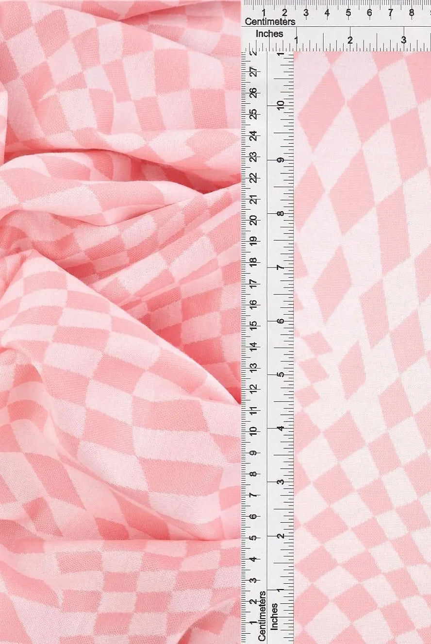 KNT4438 PINK CHECKERED DOUBLE KNIT DRESS JACQUARD OUTERWEAR PANTS POLYESTER RAYON SKIRTS SOLID SPANDEX STRETCH TOPS YARN DYED