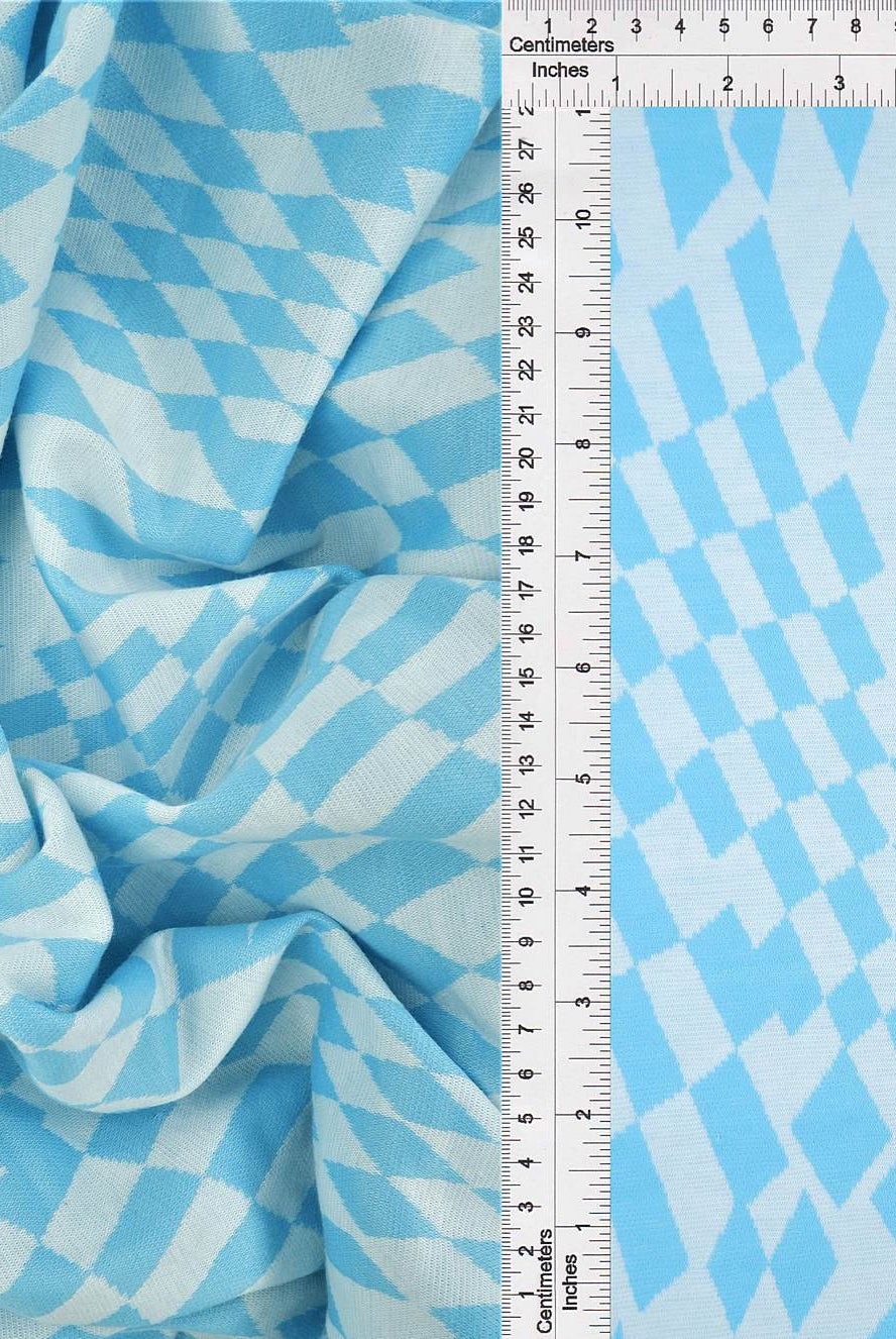 KNT4438 BLUE CHECKERED DOUBLE KNIT DRESS JACQUARD OUTERWEAR PANTS POLYESTER RAYON SKIRTS SOLID SPANDEX STRETCH TOPS YARN DYED