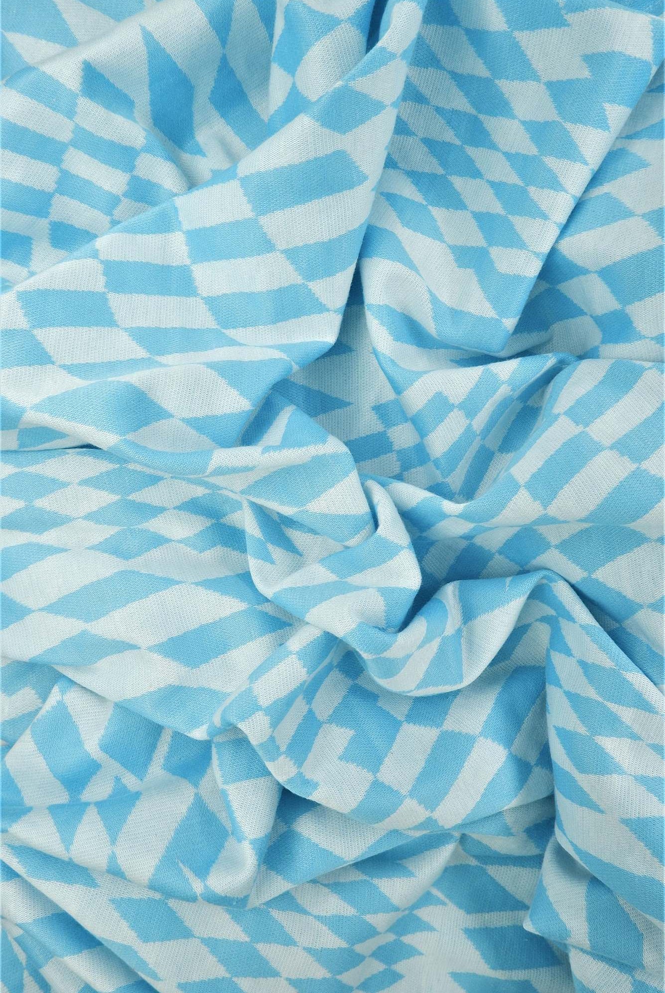 KNT4438 BLUE CHECKERED DOUBLE KNIT DRESS JACQUARD OUTERWEAR PANTS POLYESTER RAYON SKIRTS SOLID SPANDEX STRETCH TOPS YARN DYED