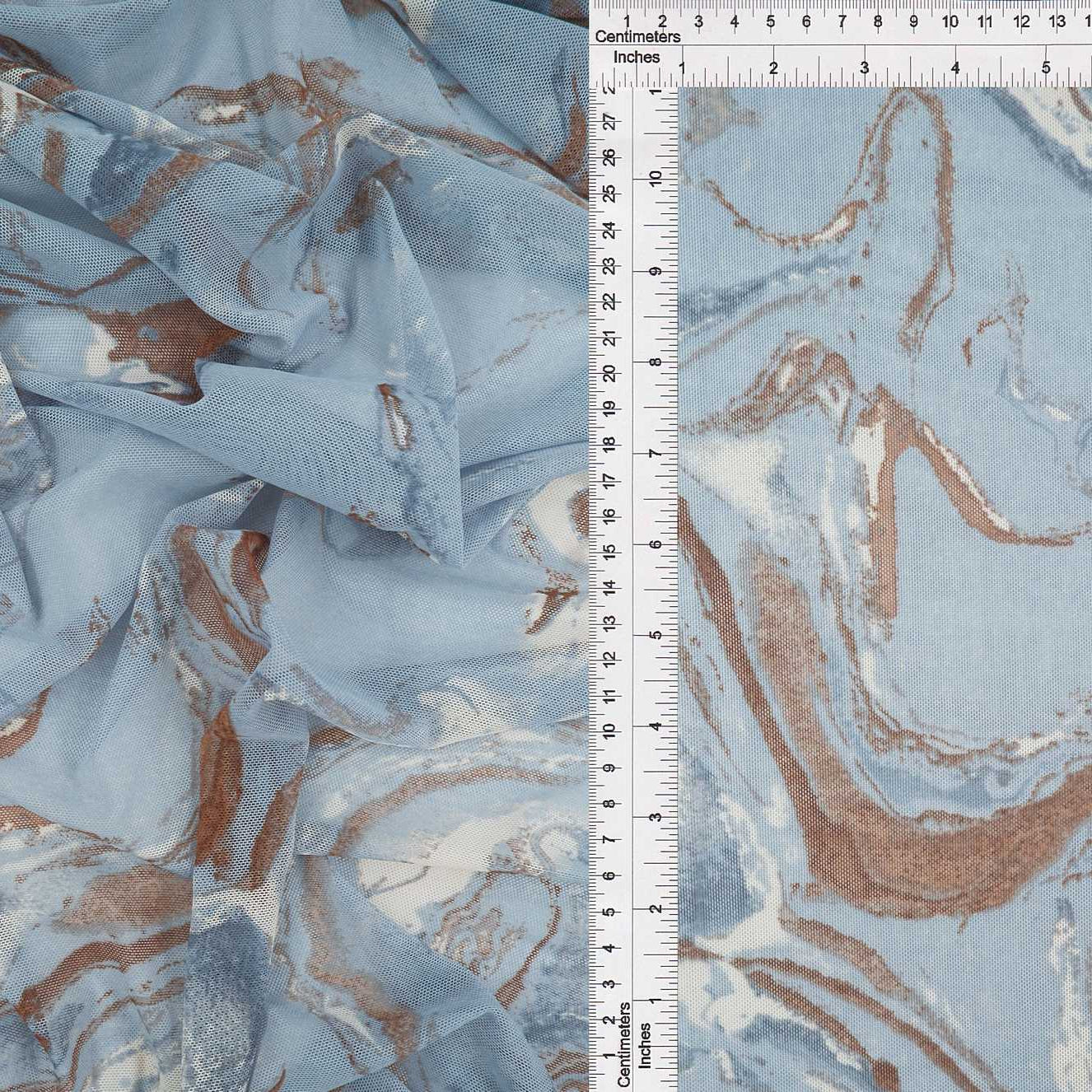 MESH-MS10015 BLUE/BROWN BLOUSE BODYSUIT CAMI FLOCKING LOUNGEWEAR MARBLE MESH POLYESTER PRINT SPANDEX STRETCH TOPS TUNICS