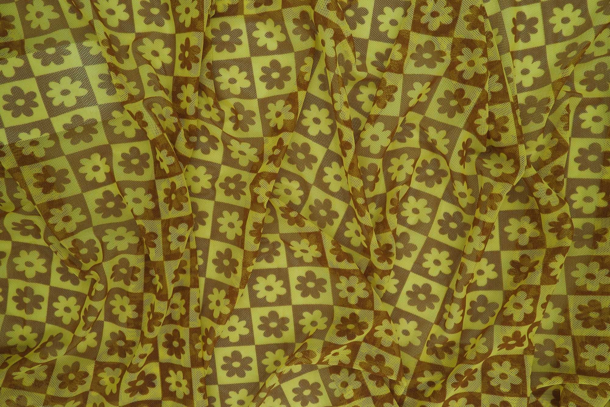 MESH-MS10017 YELLOW FLOWER BLOUSE BODYSUIT BROWN CAMI FLOCKING FLORAL GOLD LOUNGEWEAR MESH POLYESTER PRINT SPANDEX STRETCH TOPS TUNICS