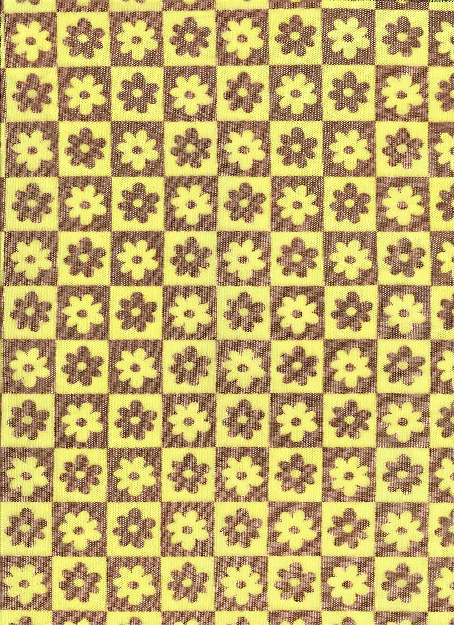 MESH-MS10017 YELLOW FLOWER BLOUSE BODYSUIT BROWN CAMI FLOCKING FLORAL GOLD LOUNGEWEAR MESH POLYESTER PRINT SPANDEX STRETCH TOPS TUNICS