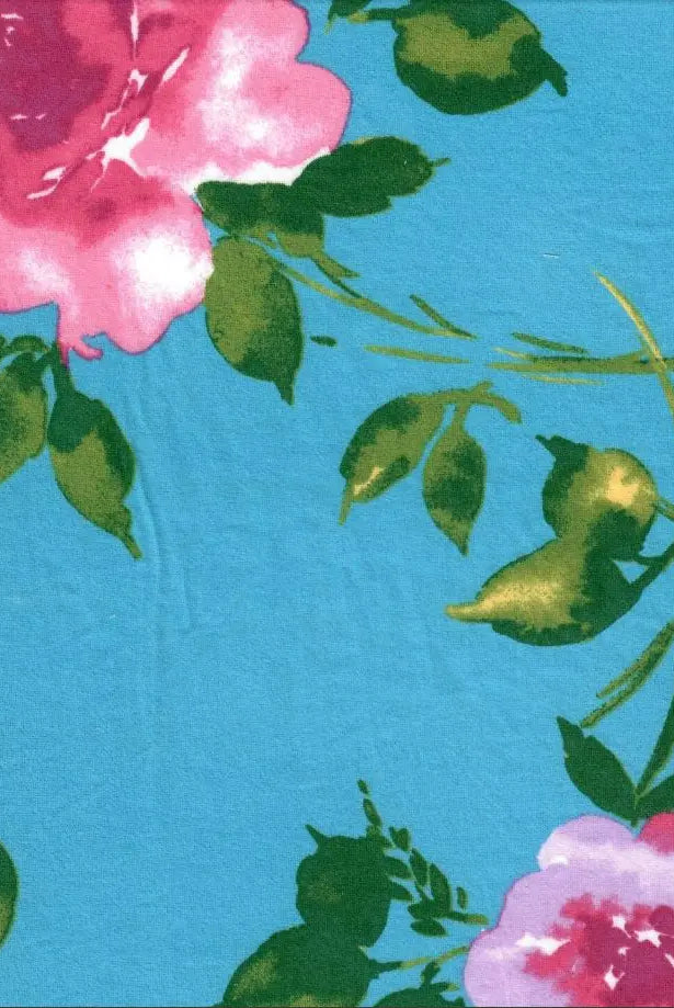 KNT2100-Q10111 AQUA BLUE AQUA BIKER SHORTS BLOUSE BOTTOMS DTY BRUSHED FLORAL KNIT POLYESTER PRINT SPANDEX STRETCH TOPS