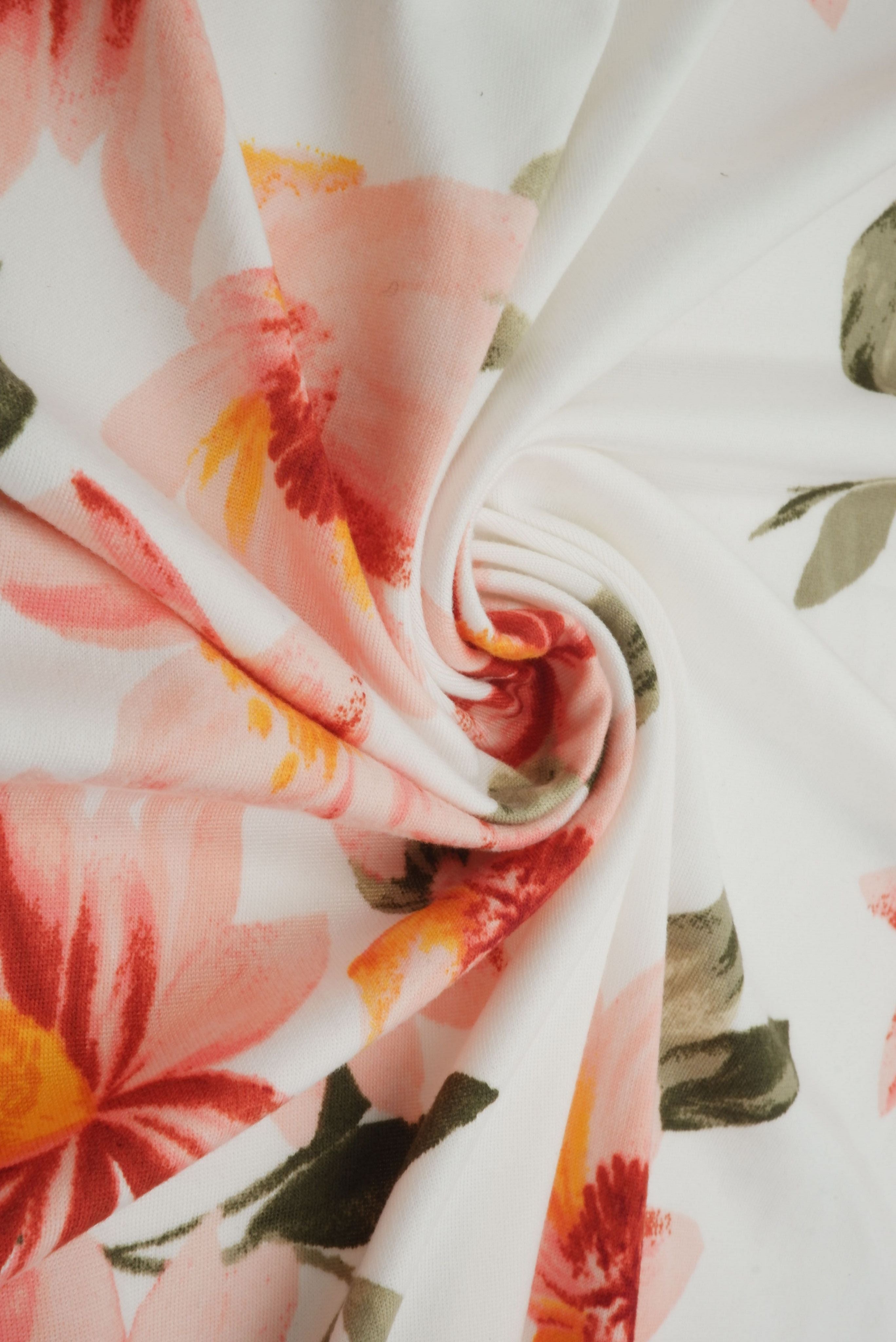 KNT2100-Q80917 IVORY/CORAL BIKER SHORTS BODYSUIT CAMI DRESS DTY BRUSHED FLORAL FLOWER IVORY KNIT LOUNGEWEAR PANTS POLYESTER PRINT SPANDEX STRETCH T-SHIRT TOPS TUNICS