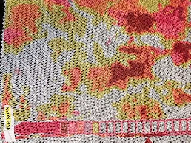 MESH-Q10205 NEON PINK ABSTRACT BLOUSE BODYSUIT CAMI FLOCKING LOUNGEWEAR MESH NEON ORANGE PINK POLYESTER PRINT SPANDEX STRETCH TOPS TUNICS WHITE