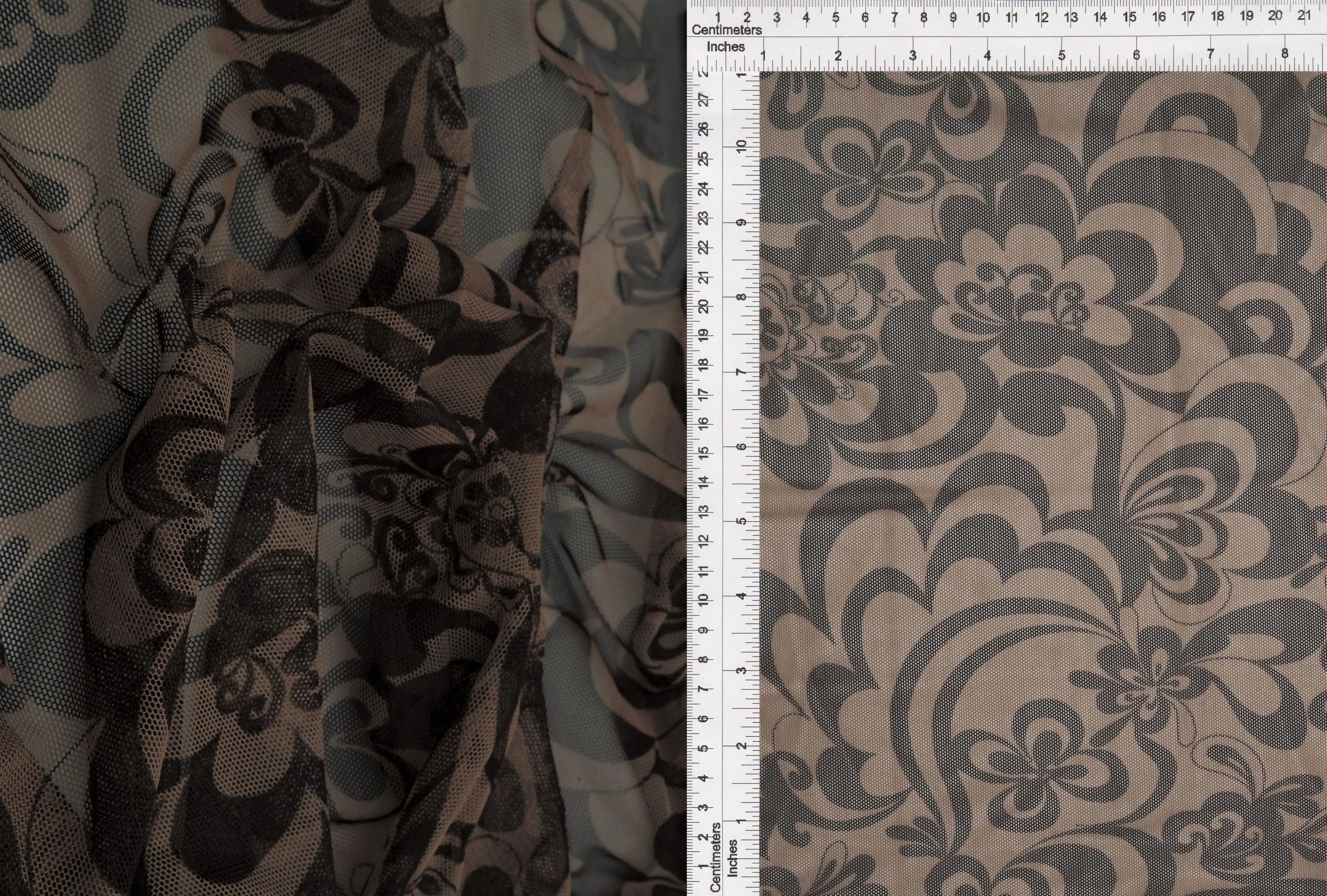 MESH-SE80509 KHAKI/COFFEE BIG FLOWER BLOUSE BODYSUIT CAMI FLOCKING FLORAL LOUNGEWEAR MESH POLYESTER PRINT SPANDEX STRETCH TOPS TUNICS