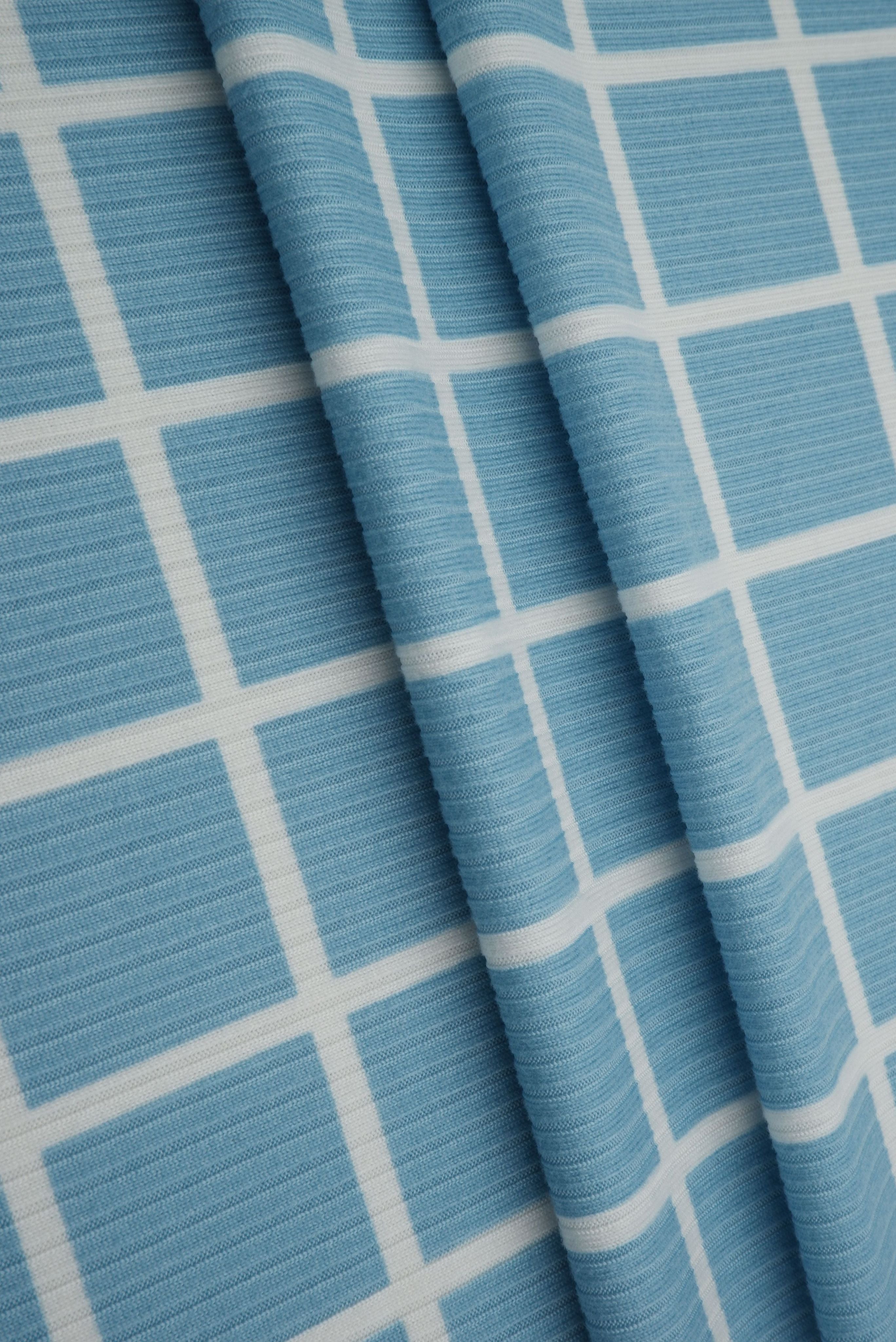 KNT3422-Q20118 BLUE/IVORY BLOUSE BLUE BOTTOMS CHECKERED DRESS KNIT LOUNGEWEAR PLAID POLYESTER PRINT-B RIBBED SPANDEX STRETCH TOPS WHITE WINDOW PANE