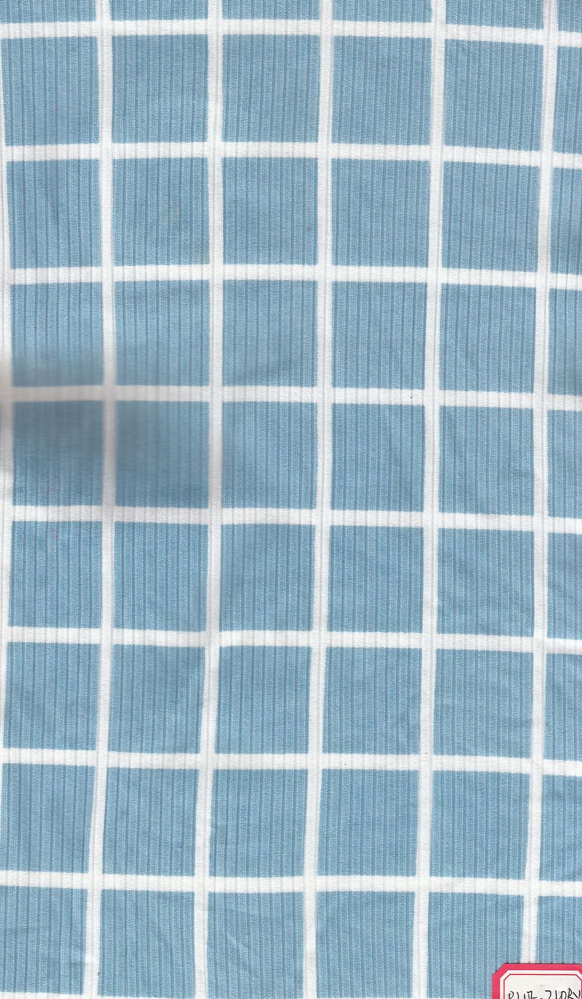 KNT3422-Q20118 BLUE/IVORY BLOUSE BLUE BOTTOMS CHECKERED DRESS KNIT LOUNGEWEAR PLAID POLYESTER PRINT-B RIBBED SPANDEX STRETCH TOPS WHITE WINDOW PANE