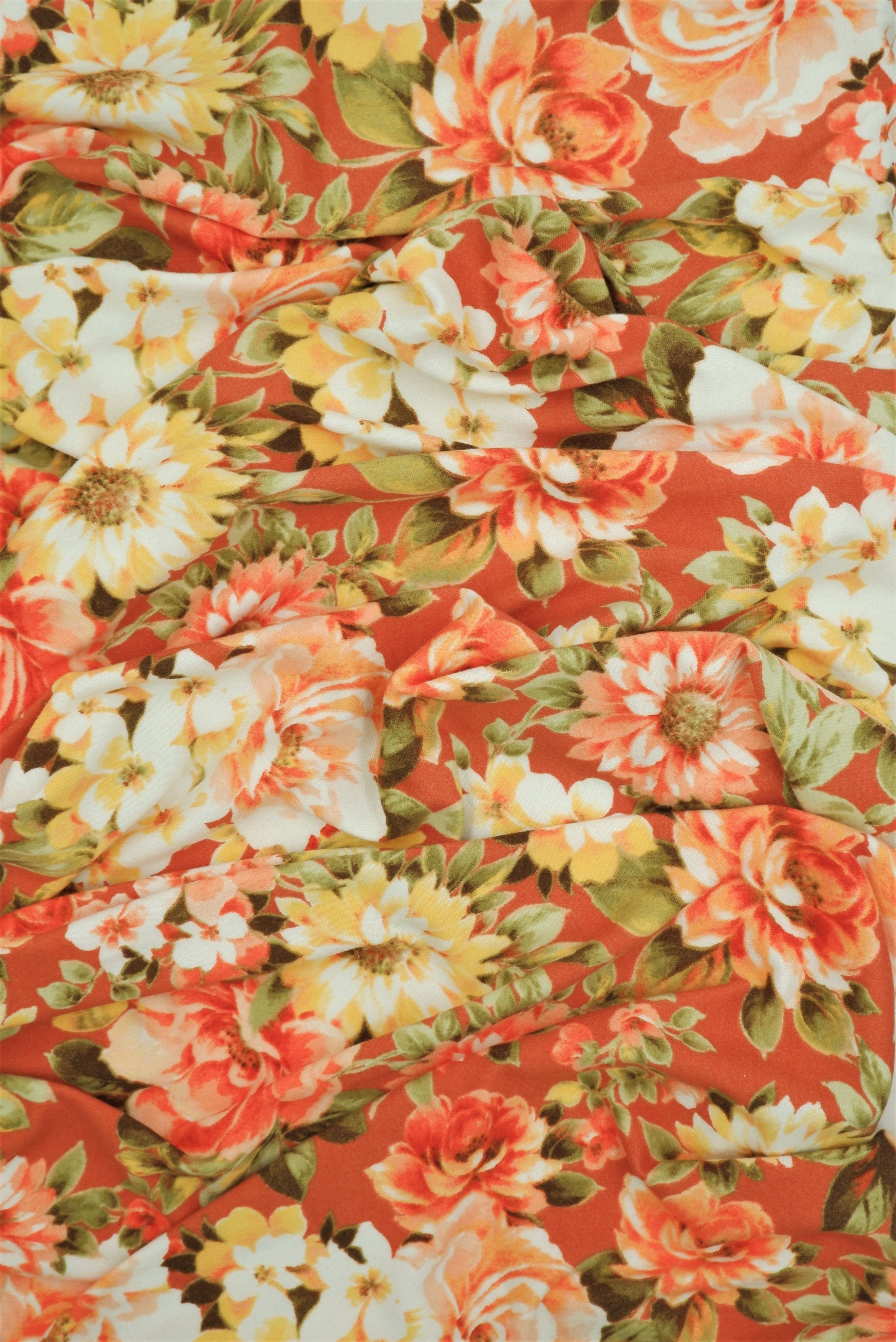 KNT2100-MS10181 RUST FLOWER BIKER SHORTS BLOUSE BODYSUIT BOTTOMS CAMI DRESS DTY BRUSHED FLORAL KNIT LOUNGEWEAR PANTS POLYESTER PRINT SKIRTS SPANDEX STRETCH T-SHIRT TOPS TUNICS