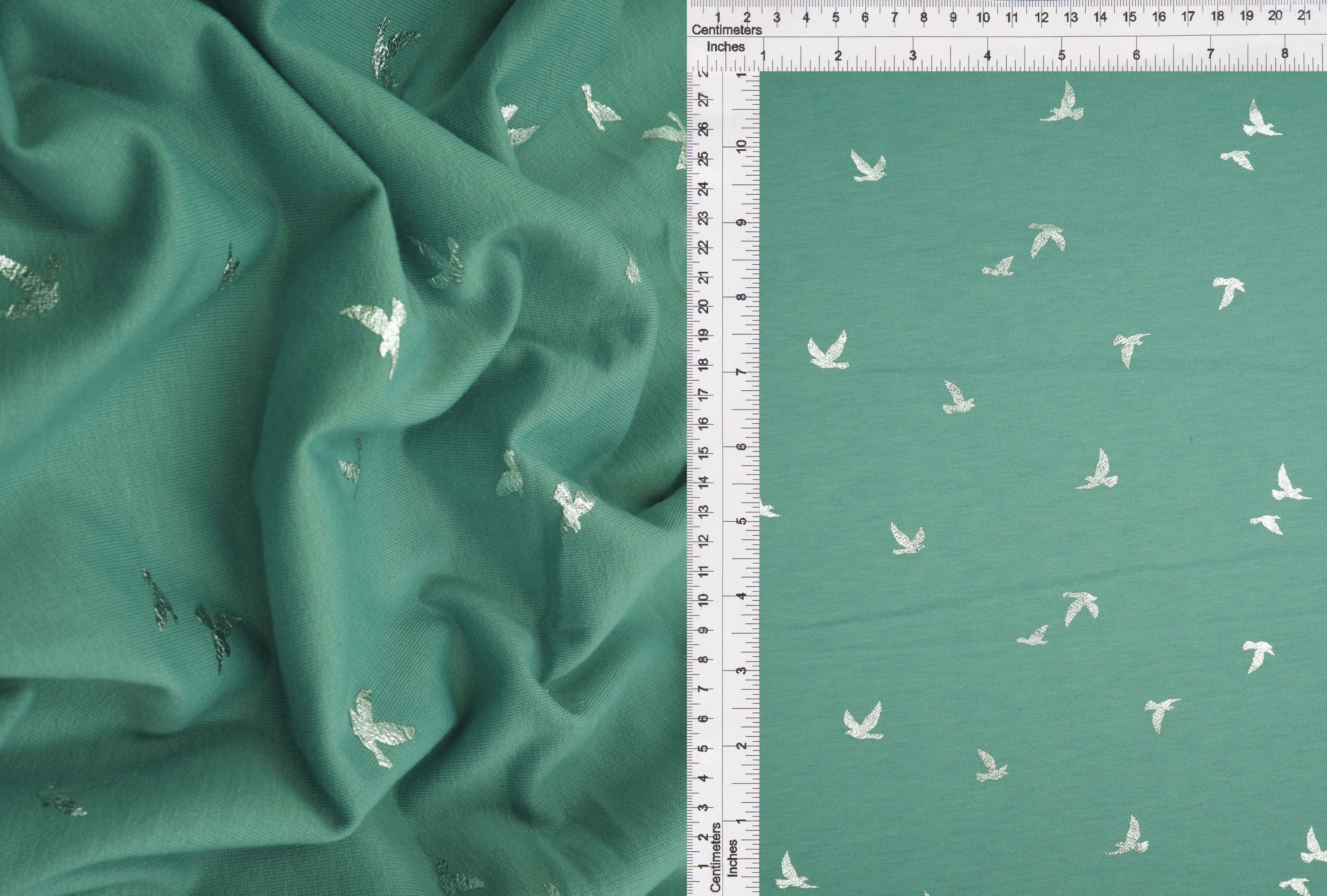 KNT3865-MS10121 SAGE DK/SILVER FOIL BIRD BODYSUIT BOTTOMS CAMI DRESS FOIL FRENCH TERRY KNIT LOUNGEWEAR PANTS POLYESTER PRINT RAYON SKIRTS SPANDEX STRETCH SWEATER TOPS TUNICS