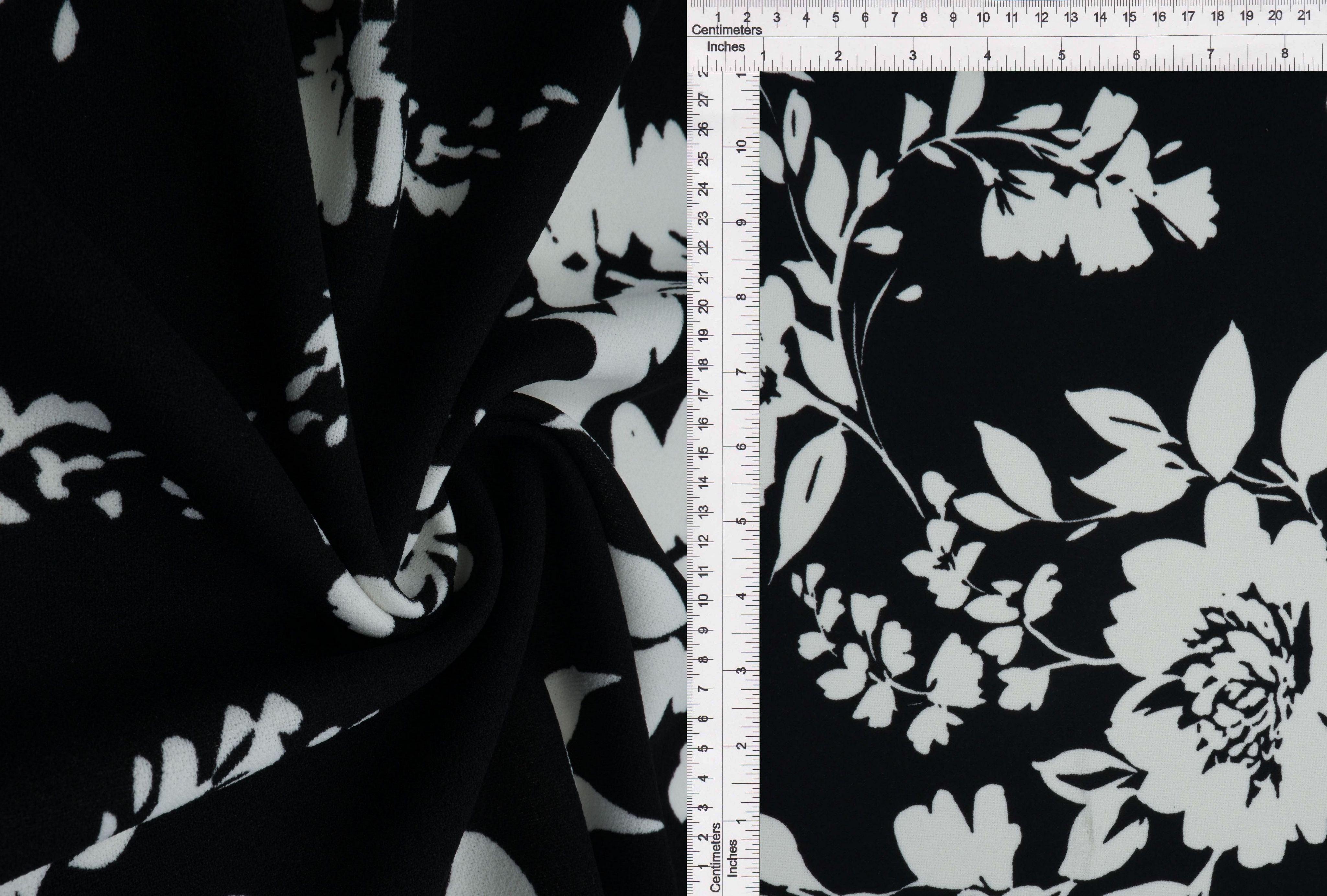 KNT3971-Q11028 BLK/WHT BLACK BLOUSE DRESS FLORAL FLOWER KNIT POLYESTER PRINT SKIRTS SPANDEX STRETCH TOPS WHITE