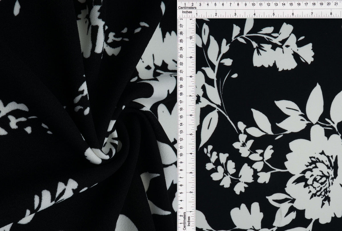 KNT3971-Q11028 BLK/WHT BLACK BLOUSE DRESS FLORAL FLOWER KNIT POLYESTER PRINT SKIRTS SPANDEX STRETCH TOPS WHITE