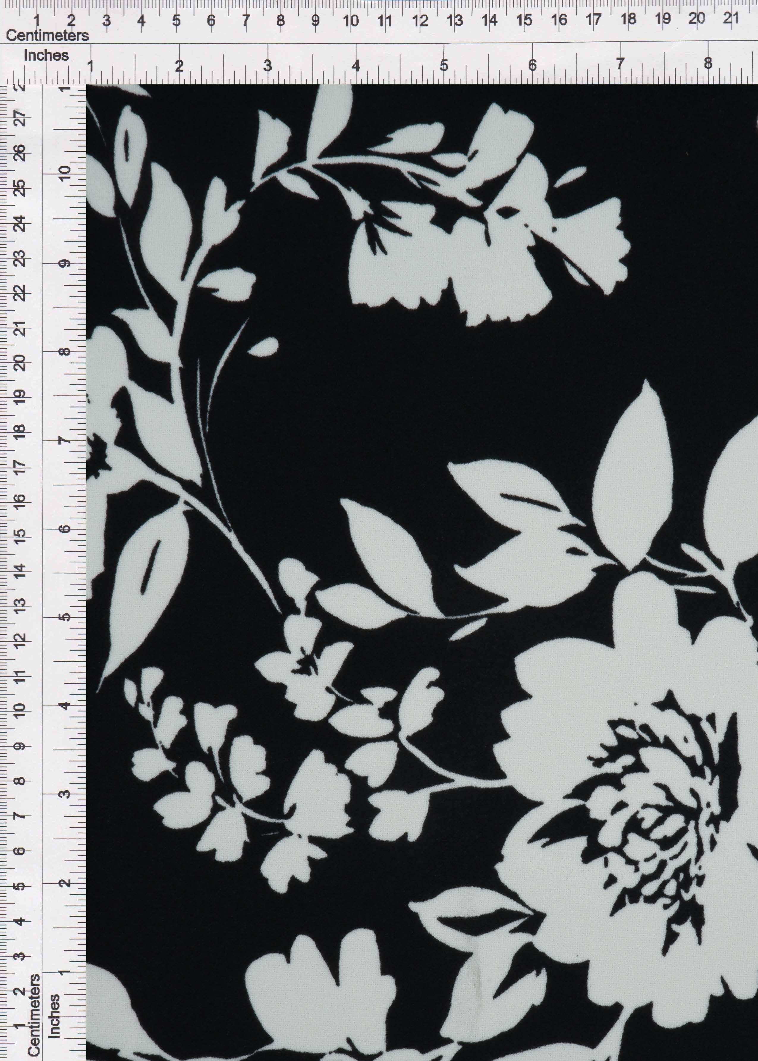 KNT3971-Q11028 BLK/WHT BLACK BLOUSE DRESS FLORAL FLOWER KNIT POLYESTER PRINT SKIRTS SPANDEX STRETCH TOPS WHITE