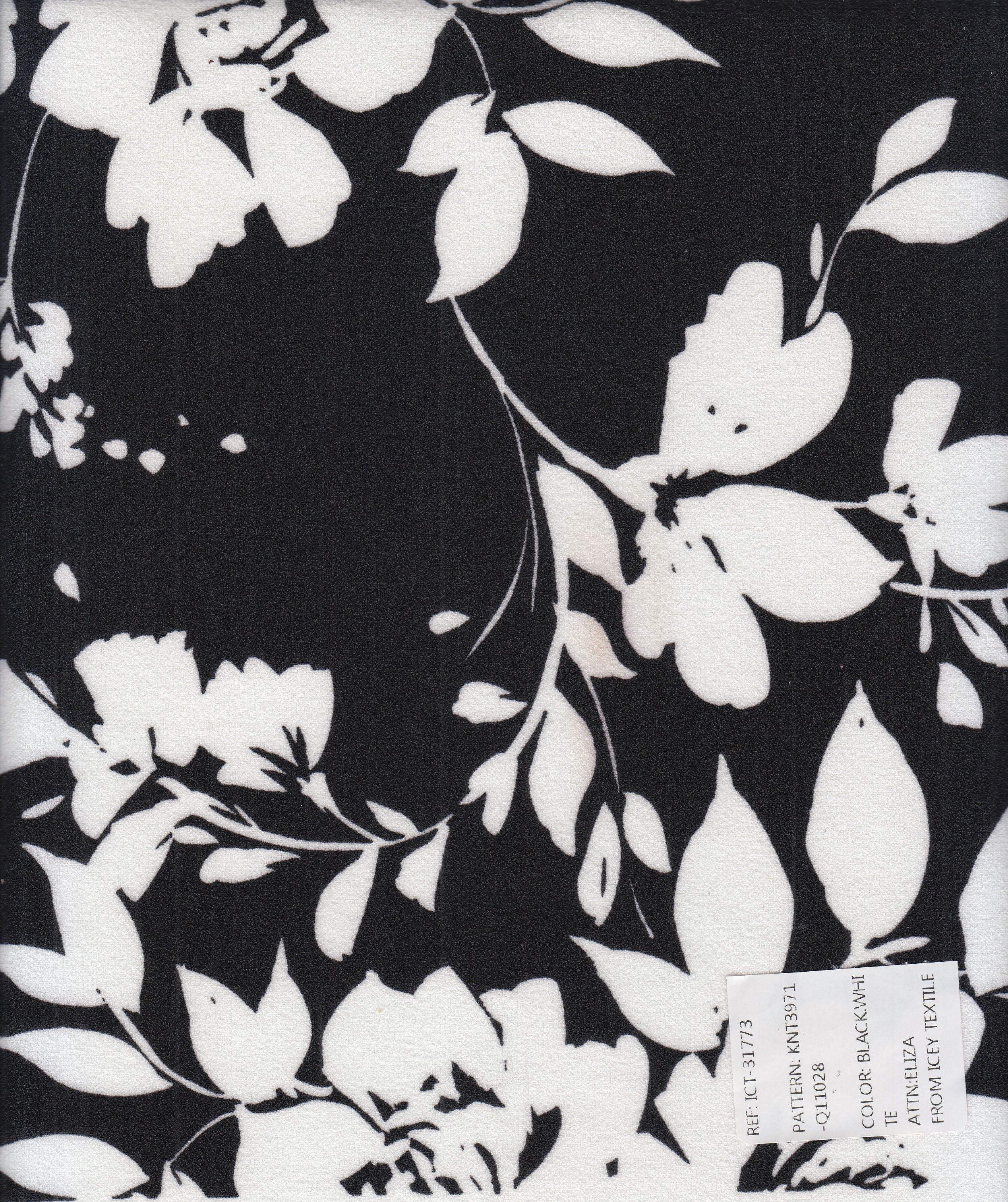 KNT3971-Q11028 BLK/WHT BLACK BLOUSE DRESS FLORAL FLOWER KNIT POLYESTER PRINT SKIRTS SPANDEX STRETCH TOPS WHITE