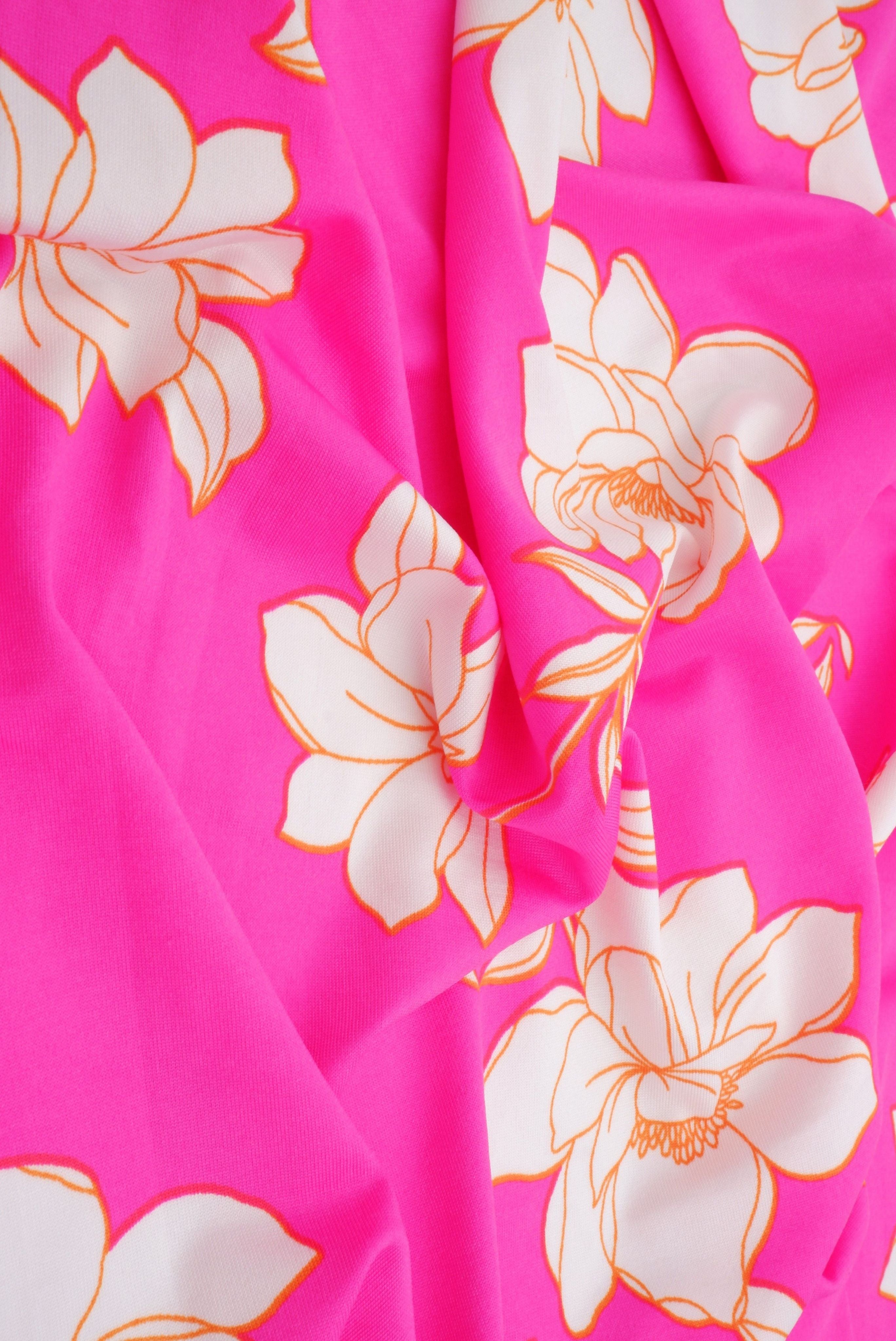 KNT1389-MS11070 PINK HOT FLOWER ACTIVEWEAR BIKER SHORTS BODYSUIT BOTTOMS CAMI DRESS DTY FLORAL FUSCHIA KNIT LOUNGEWEAR PANTS PINK POLYESTER PRINT SKIRTS SPANDEX STRETCH T-SHIRT TOPS TUNICS
