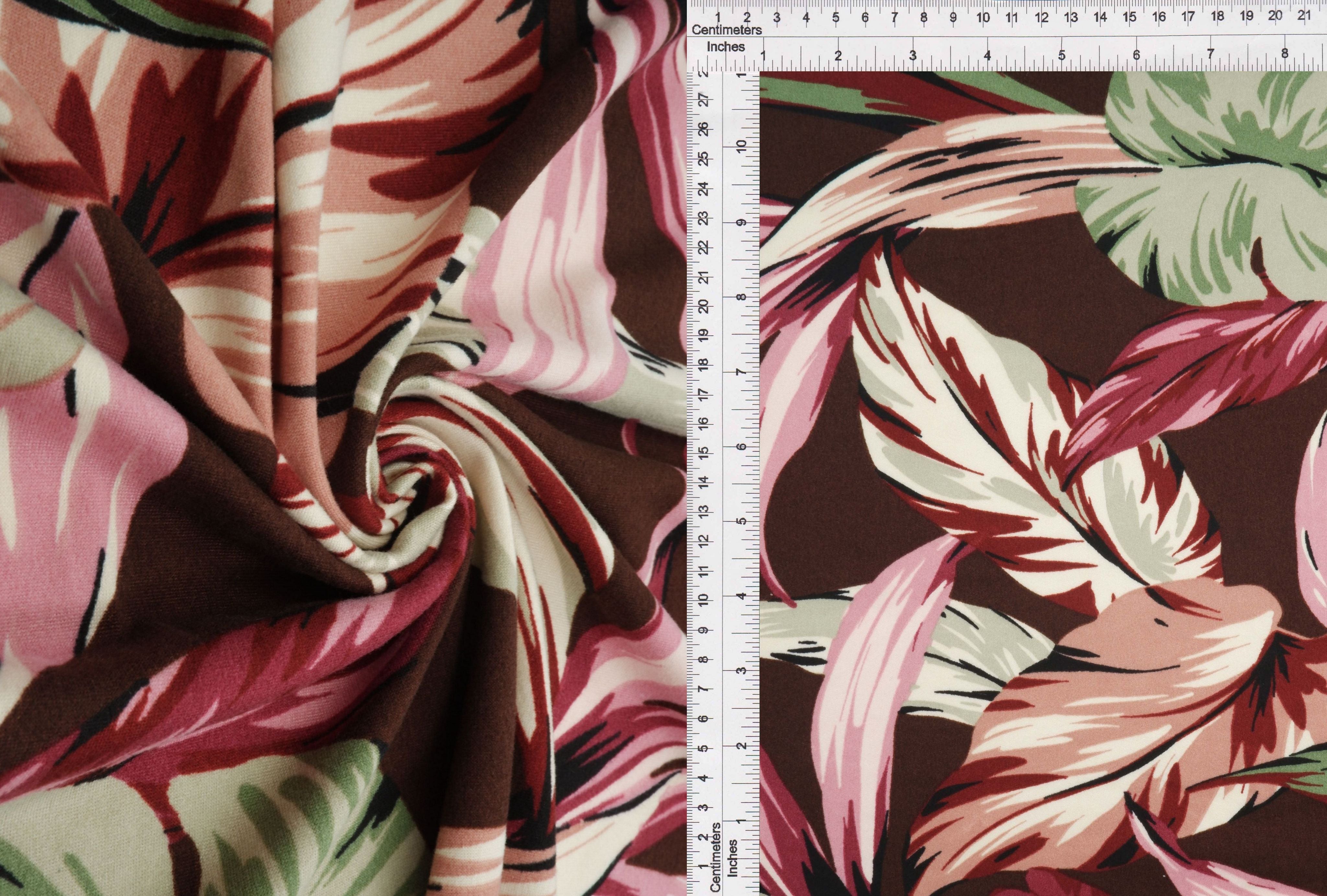 KNT2100-Q20503 BROWN BIKER SHORTS BODYSUIT BOTTOMS CAMI DRESS DTY BRUSHED KNIT LEAF POLYESTER PRINT SKIRTS SPANDEX STRETCH T-SHIRT TOPS