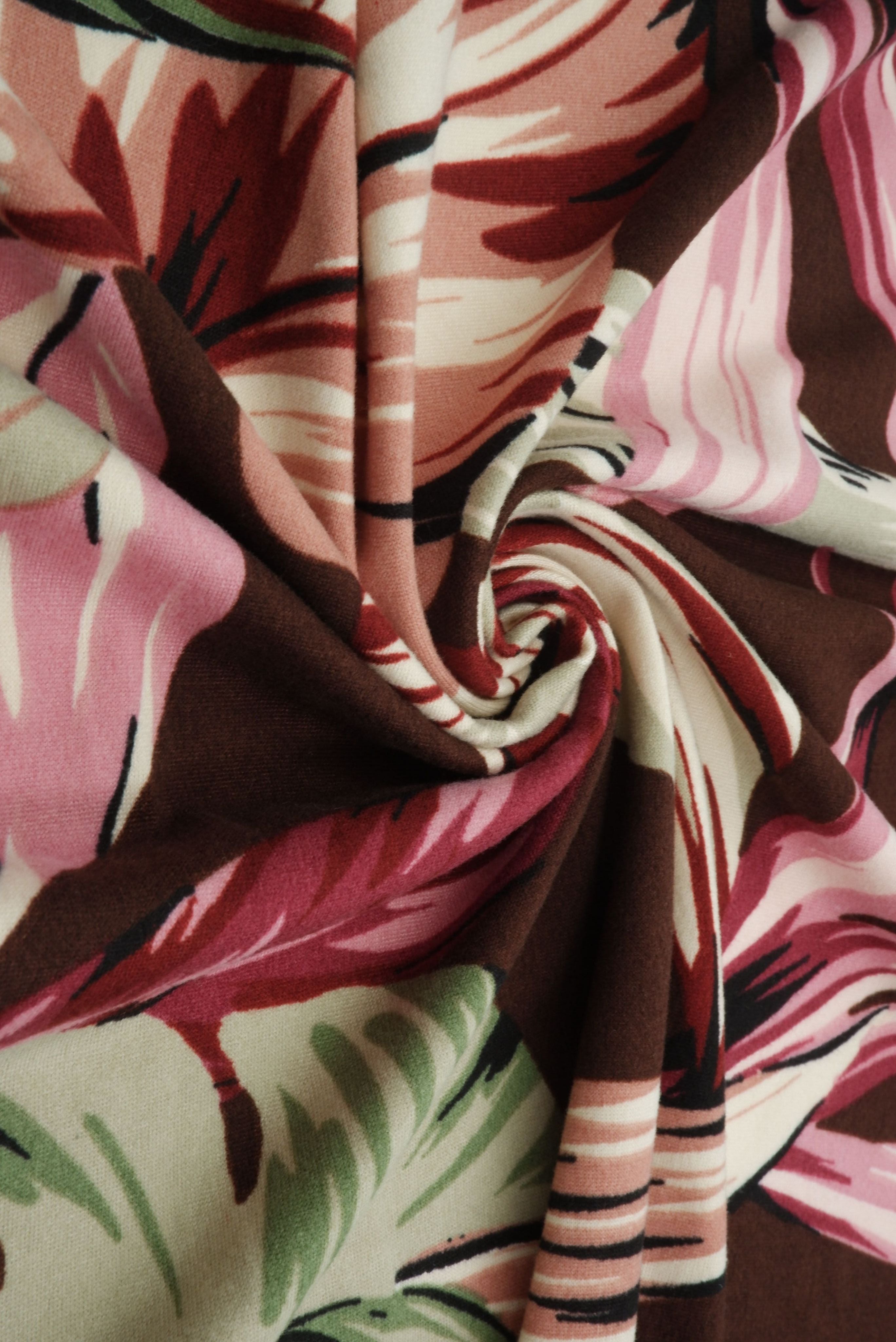 KNT2100-Q20503 BROWN BIKER SHORTS BODYSUIT BOTTOMS CAMI DRESS DTY BRUSHED KNIT LEAF POLYESTER PRINT SKIRTS SPANDEX STRETCH T-SHIRT TOPS